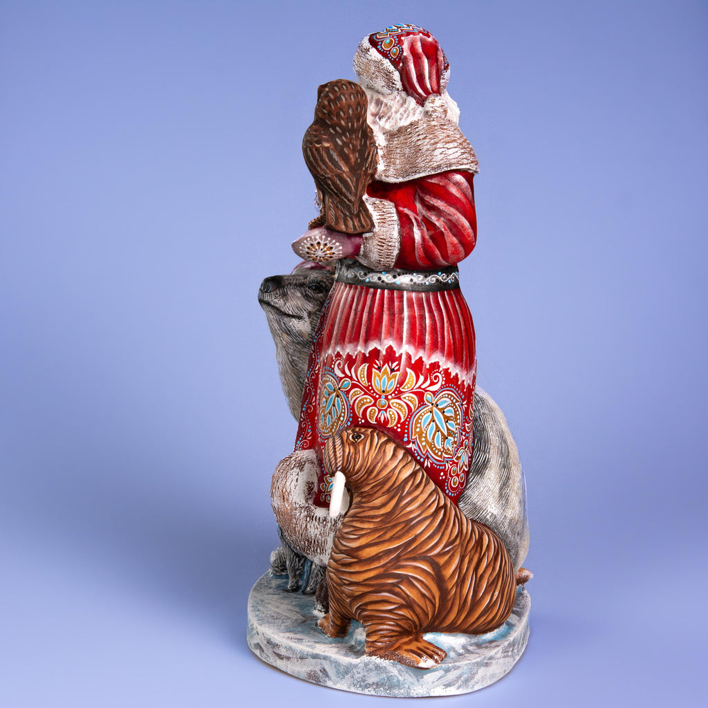 Hand Carved Wooden Santa Figurine 13.8 inch, Arctic Animals, Polar Bear, Walrus, Owl