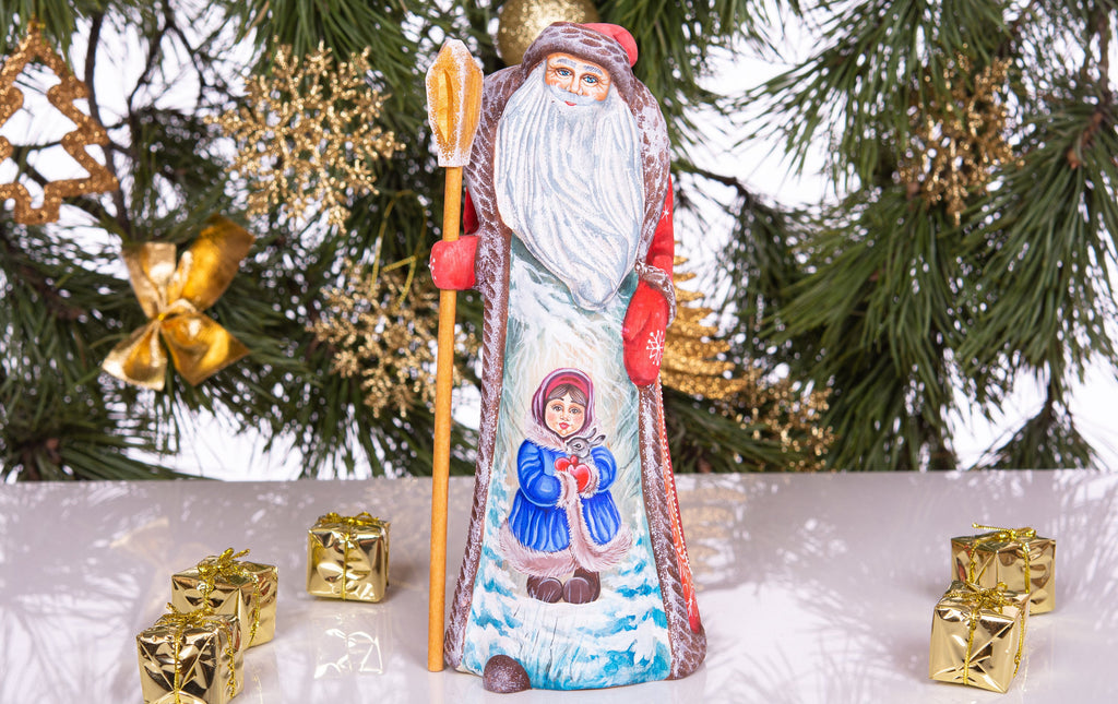 Hand Carved Santa Figurine 9 inch: Girl with Rabbit, Wooden Christmas Decoration
