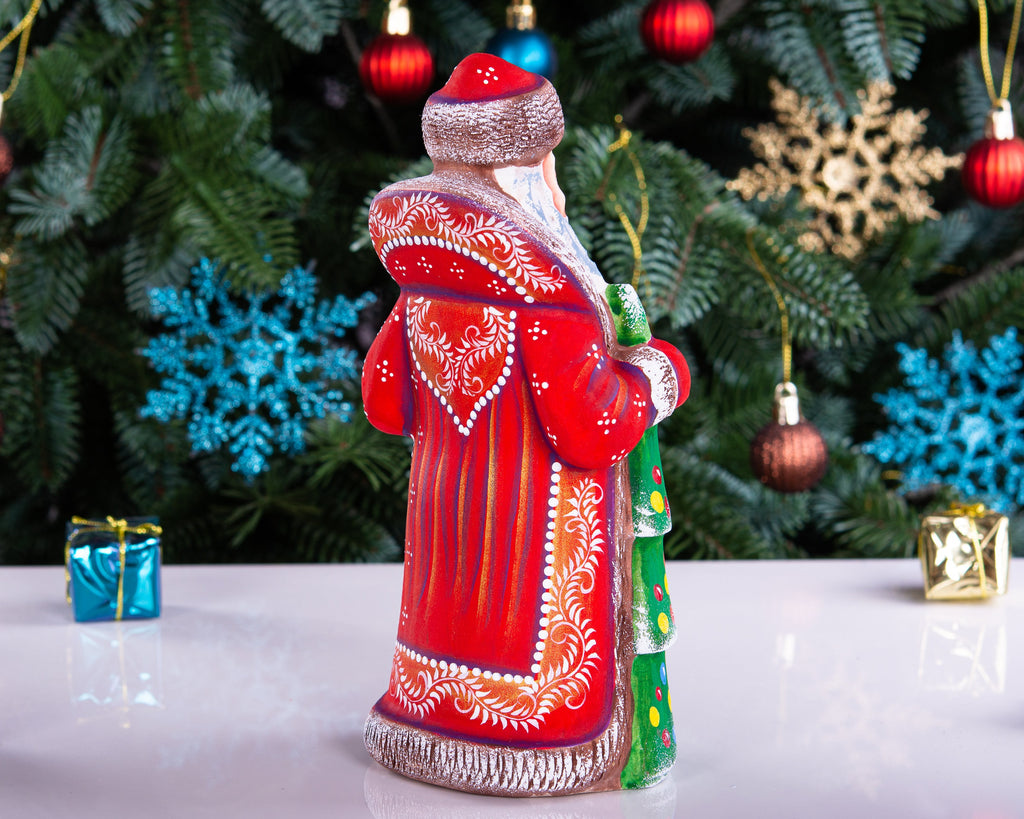 Collectible woodland Santa wood figure 8 inch, bunny by tree, cabin Christmas display