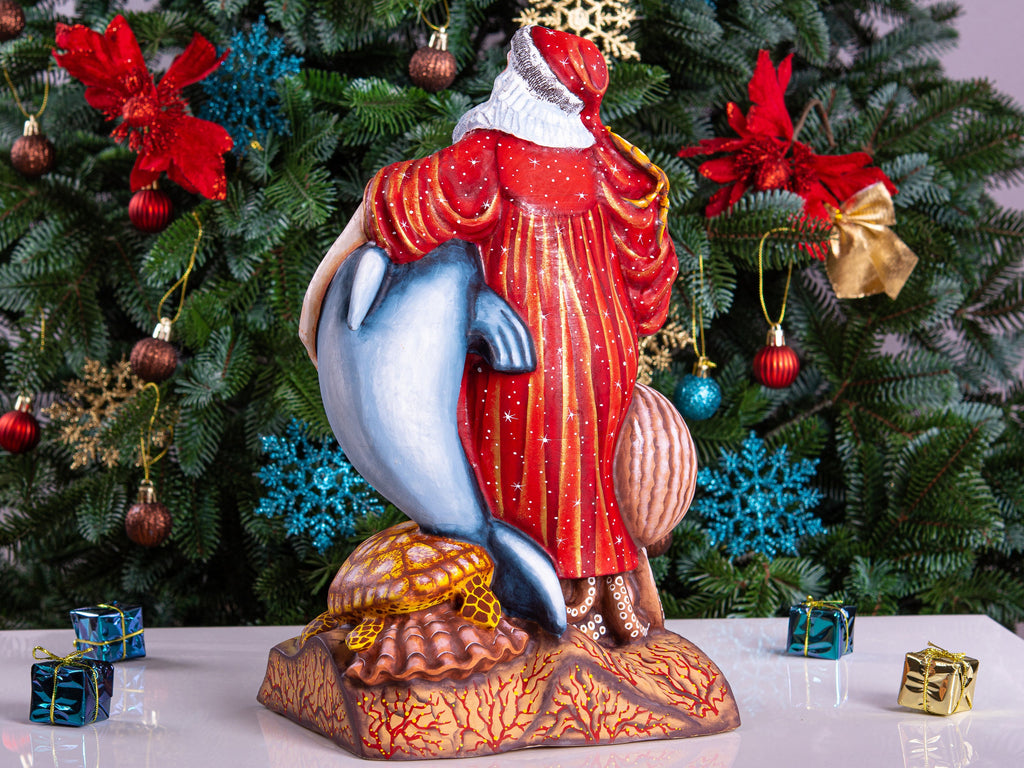 Hand-Carved Wooden Santa Claus Figurine: Ocean Theme Christmas Decor