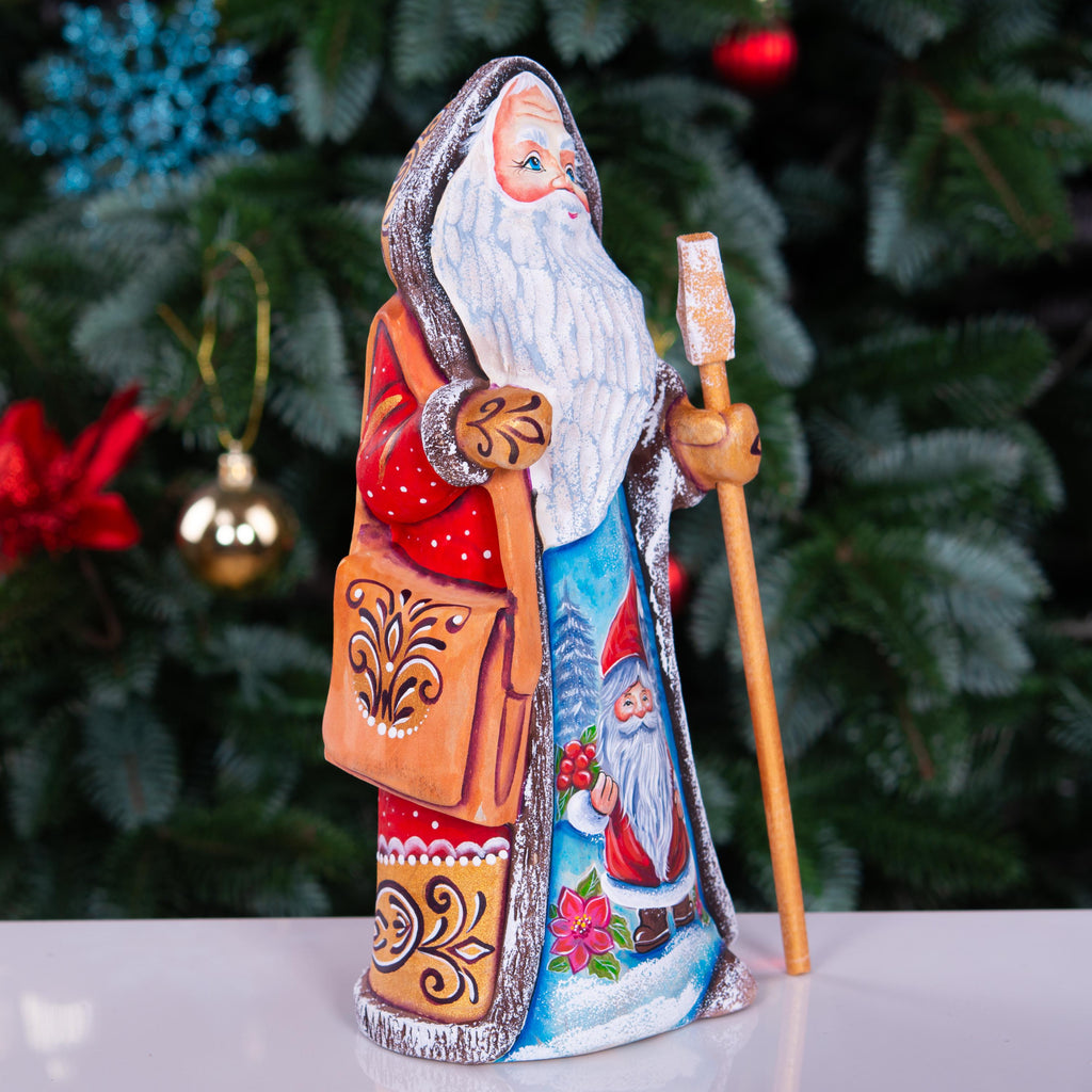 Old World Santa wooden figurine 9 inch, staff and satchel