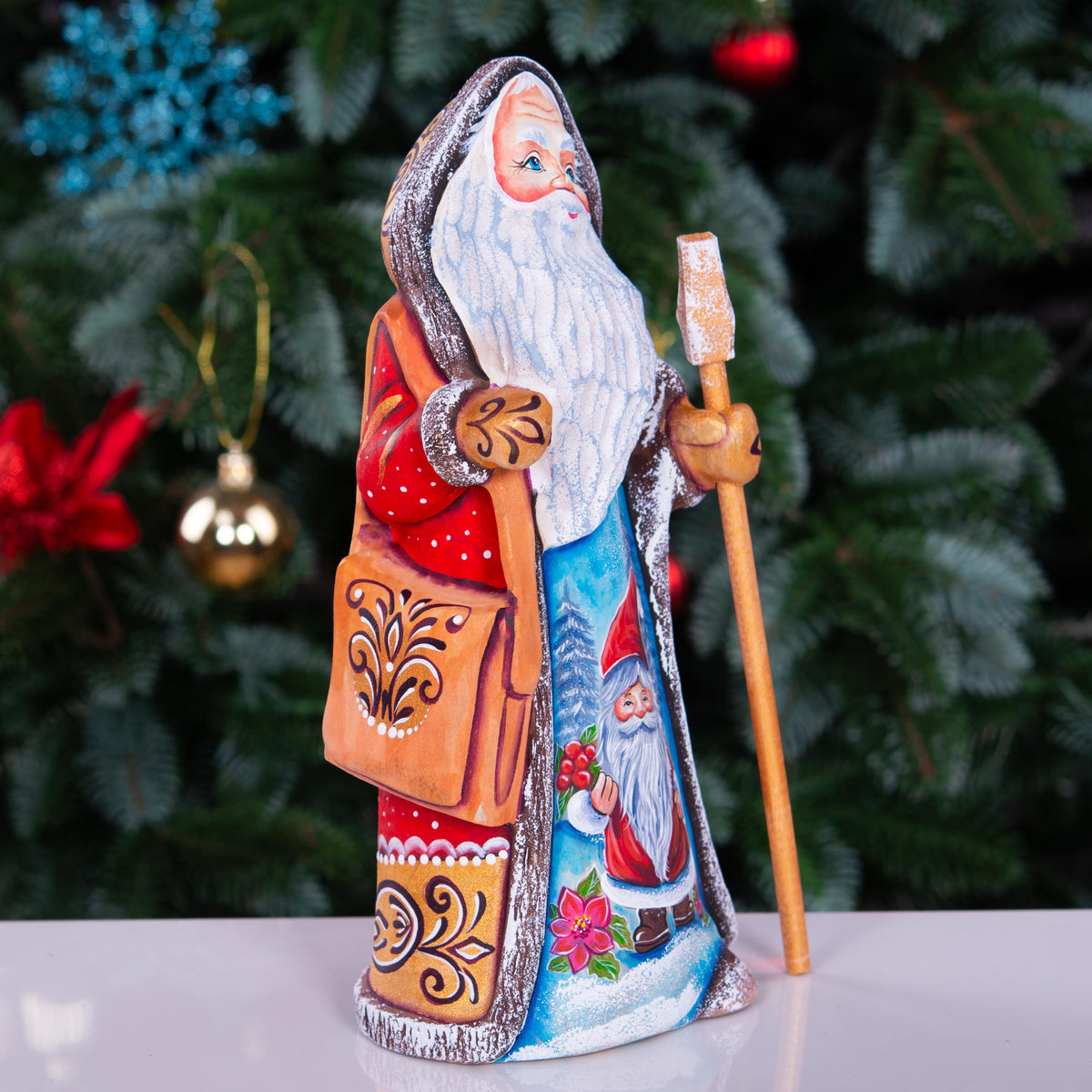 Old World Santa wooden figurine 9 inch, staff and satchel