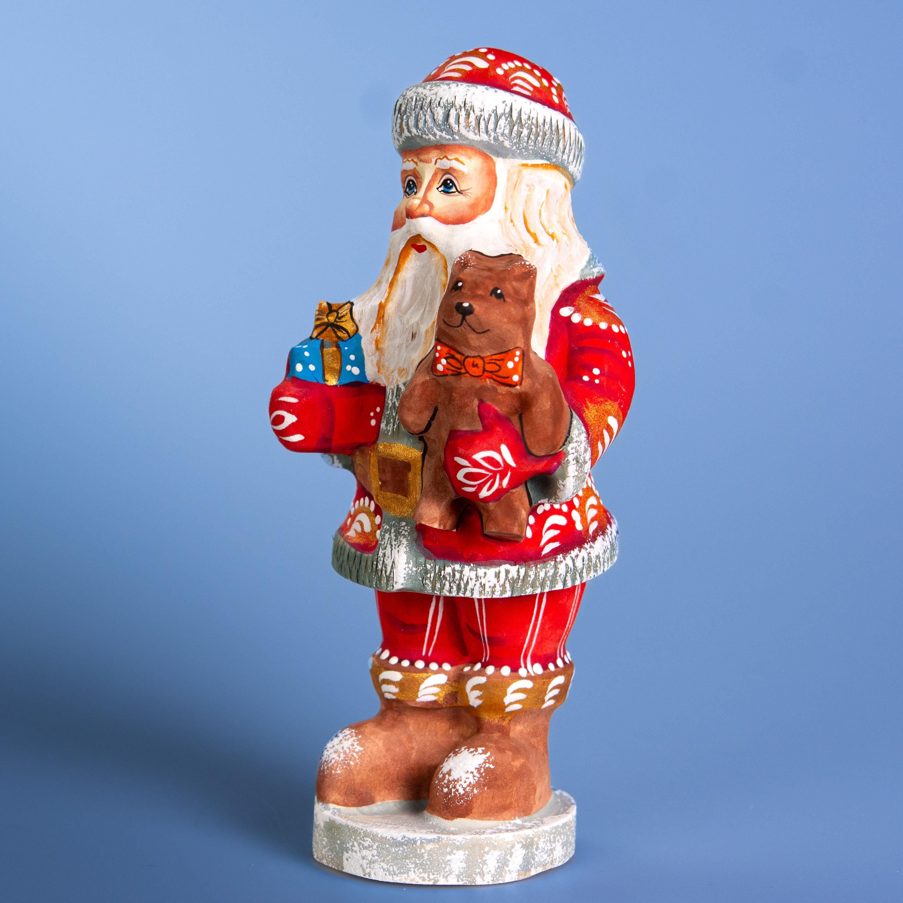 Hand carved wooden Santa figurine 7 inch, teddy bear toy, Christmas mantel decor