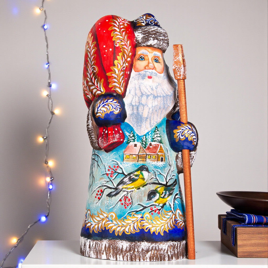 Hand carved Old-World Santa wooden figurine 8 inch, winter birds village scene, mantel decor