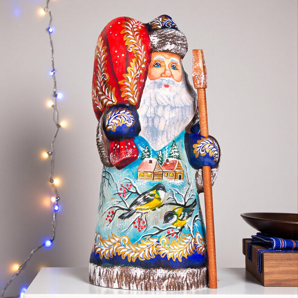 Hand carved Old-World Santa wooden figurine 8 inch, winter birds village scene, mantel decor