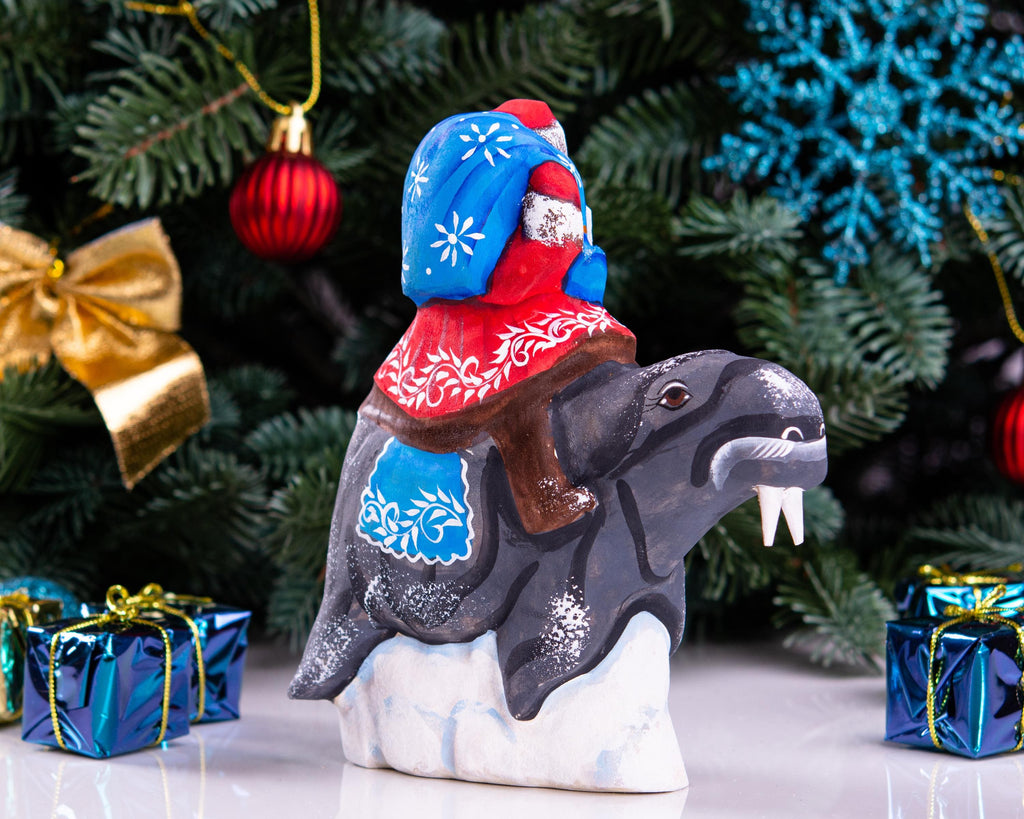 Hand Carved Wooden Santa Claus on Walrus - Christmas Figurine