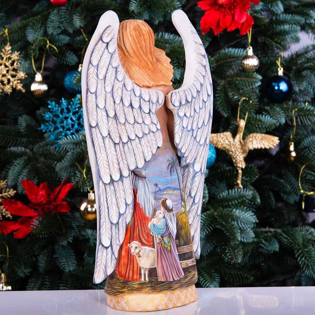 Wooden Angel Statue 12.9", Hand Carved, Nativity Art, Christian Decor