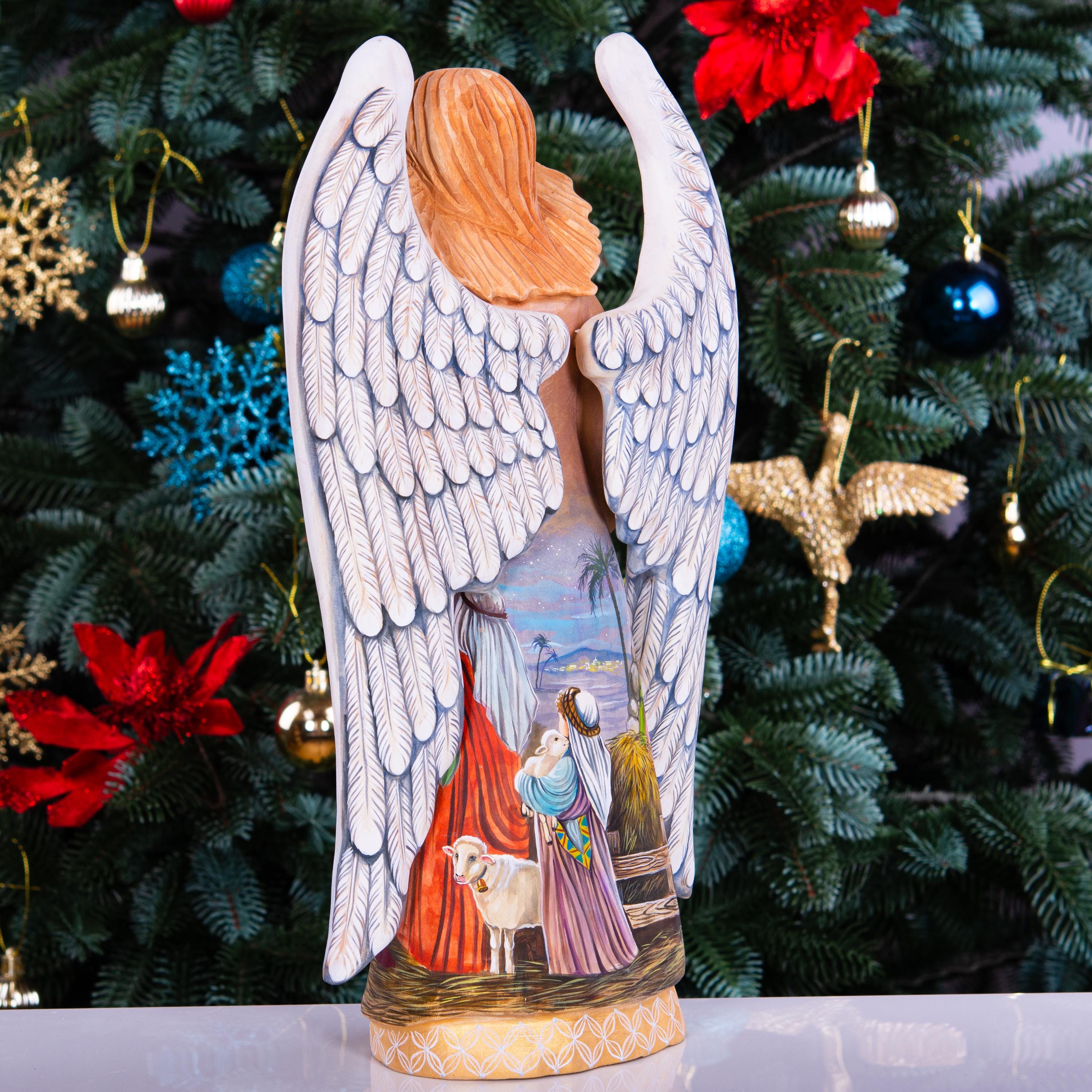 Wooden Angel Statue 12.9", Hand Carved, Nativity Art, Christian Decor