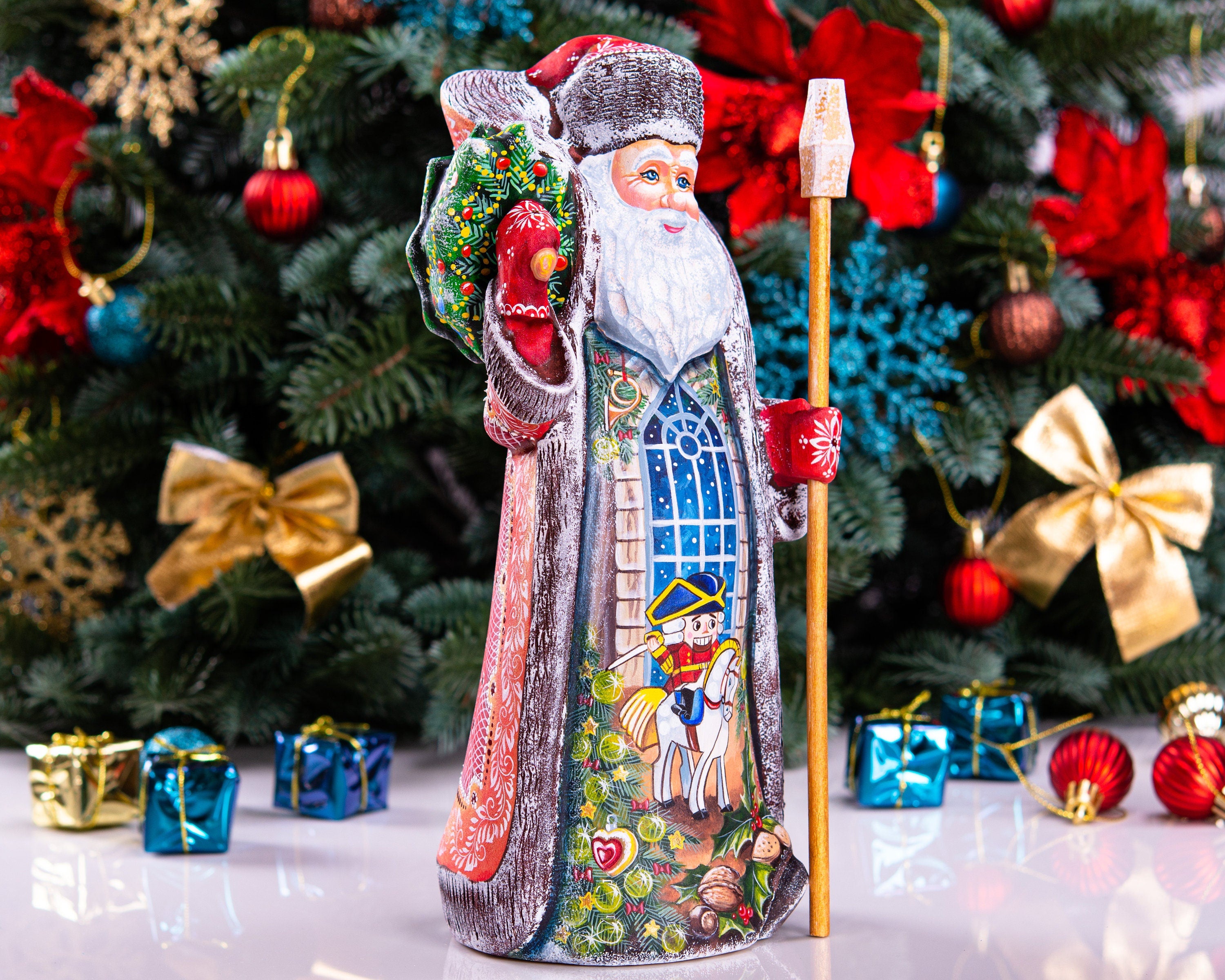 Wooden hand carved vintage Santa Claus figurine 11", handmade Christmas home decor indoor, funny Christmas gift idea made in Ukraine