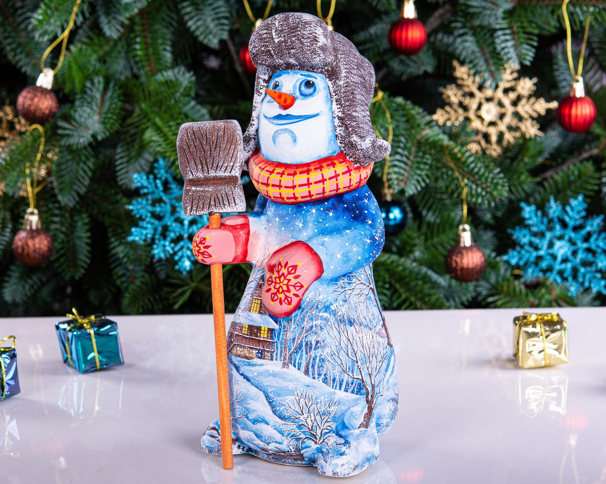 Hand Carved Wooden Snowman Figurine: Artist Painted Winter Cottage Decor