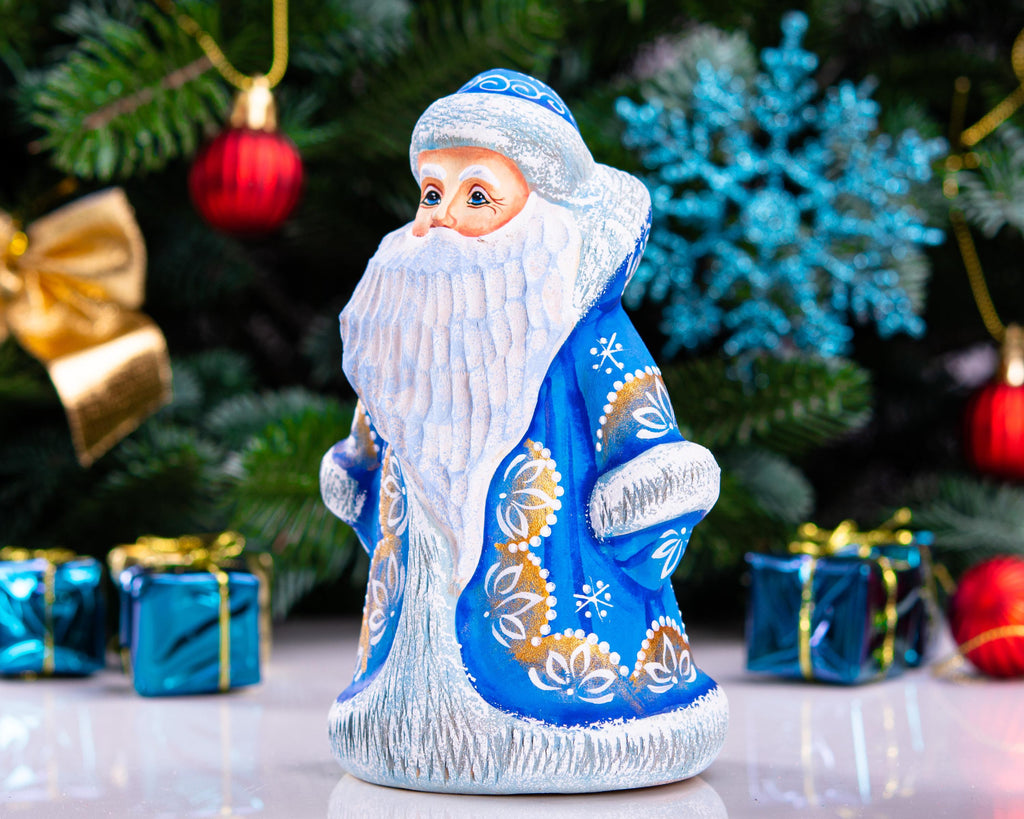 Father Frost Figurine Hand Carved Wood Long Blue Robe 6″