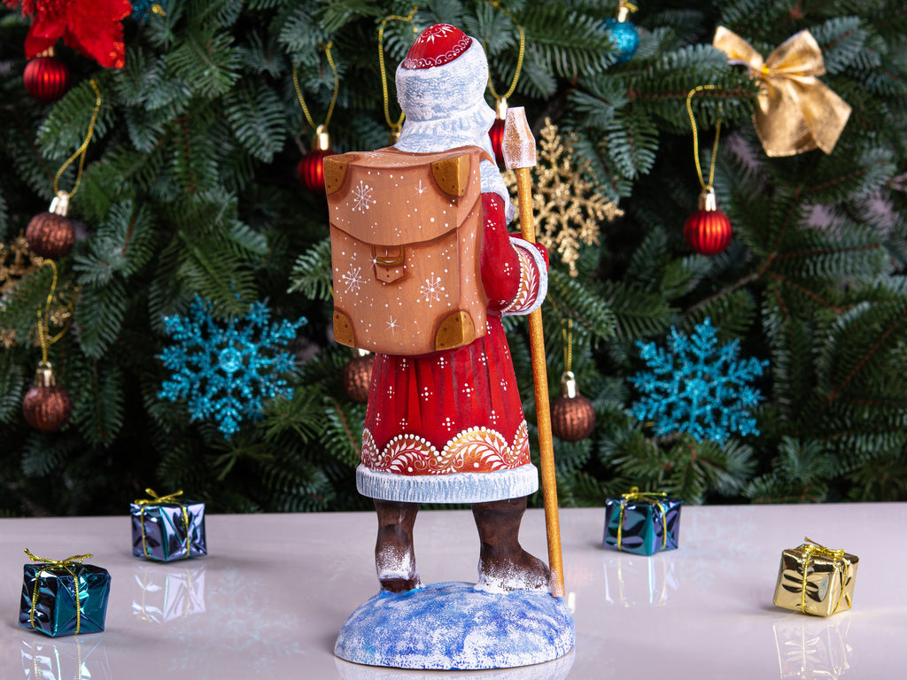 Hand carved wooden Santa figurine 11 inch, with backpack and staff, Christmas mantel decor