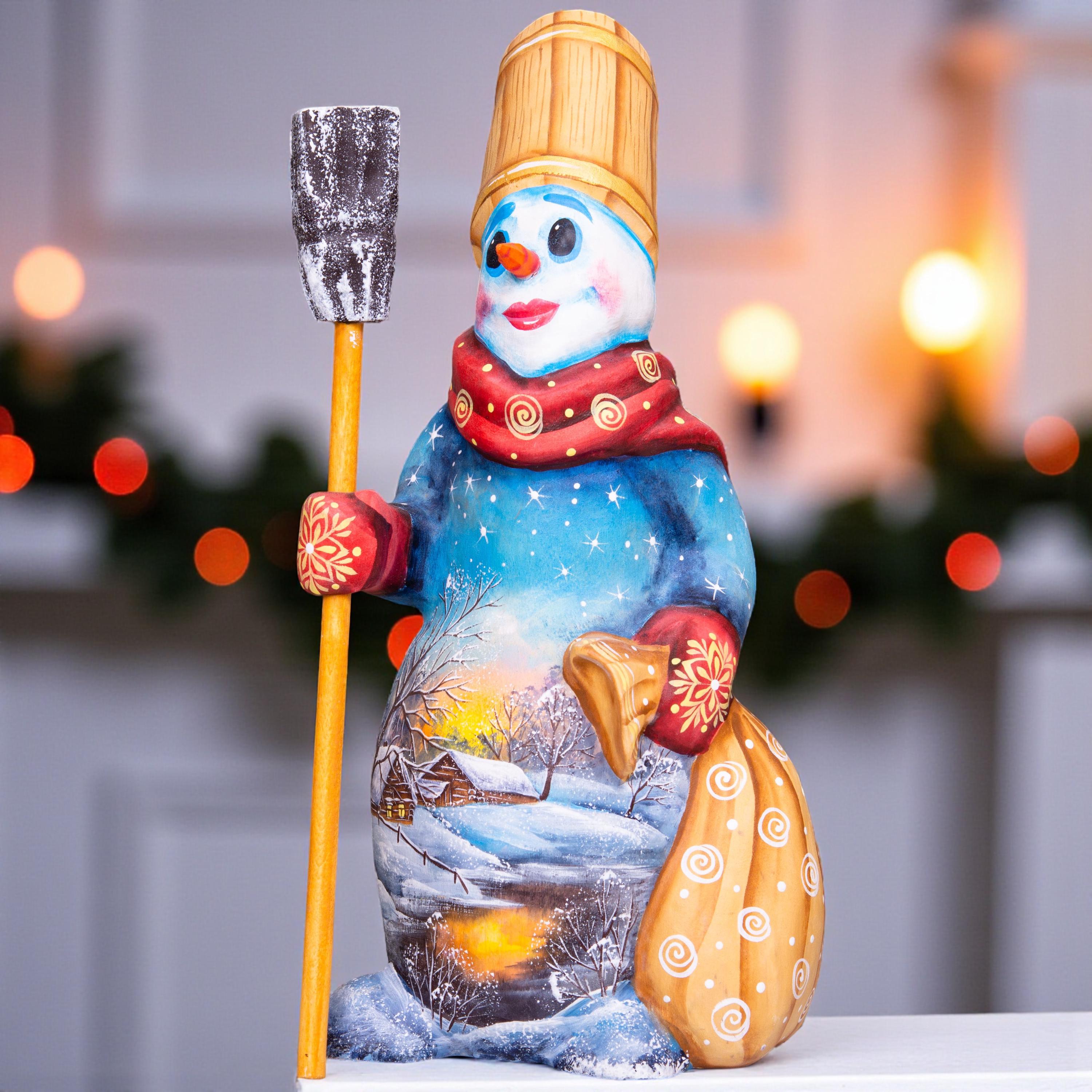Snowman wooden figurine 8 inch, broom and sack, tabletop accent