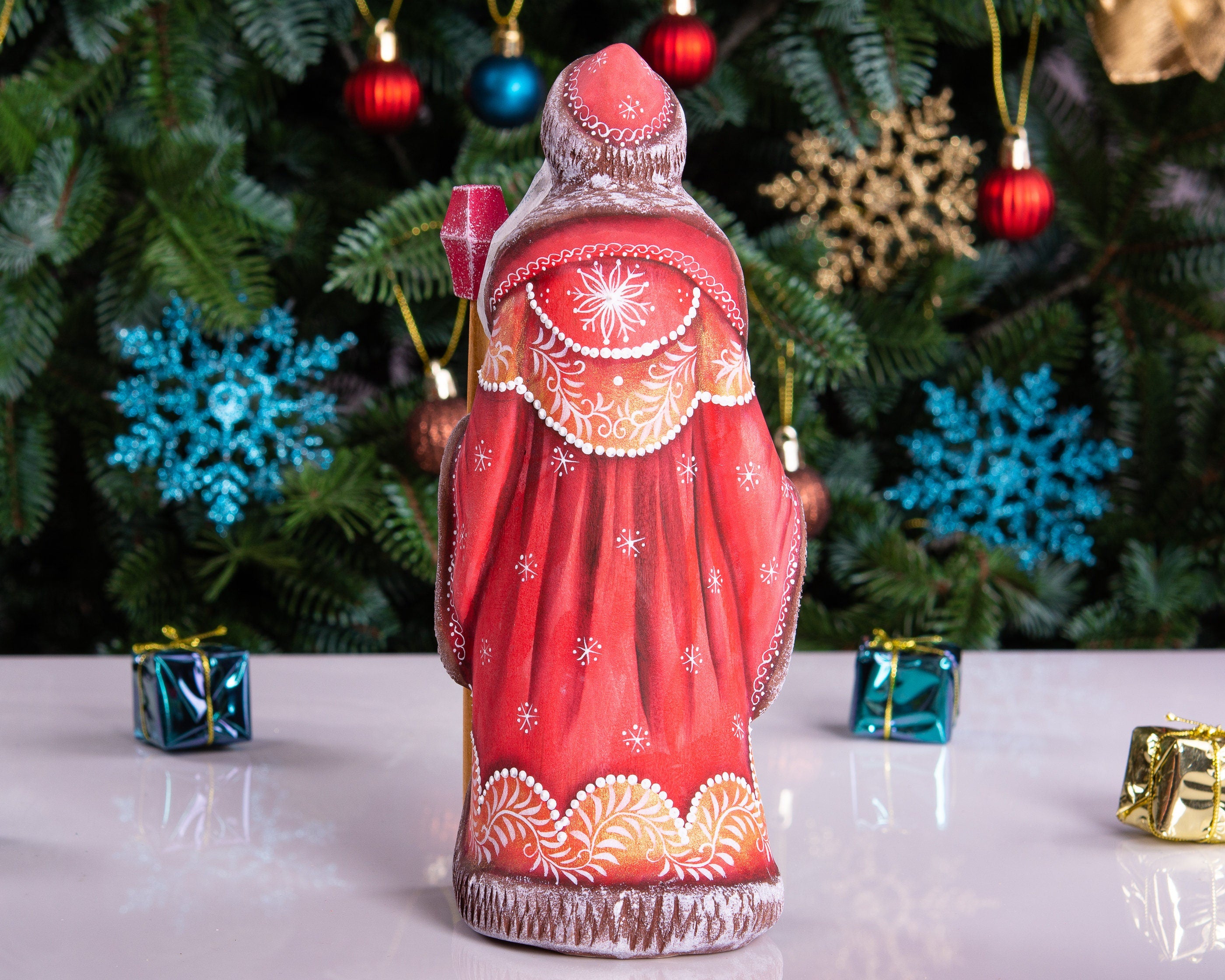 Hand carved Russian Santa figurine 8.7 inch, winter girl scene, Christmas mantel decor