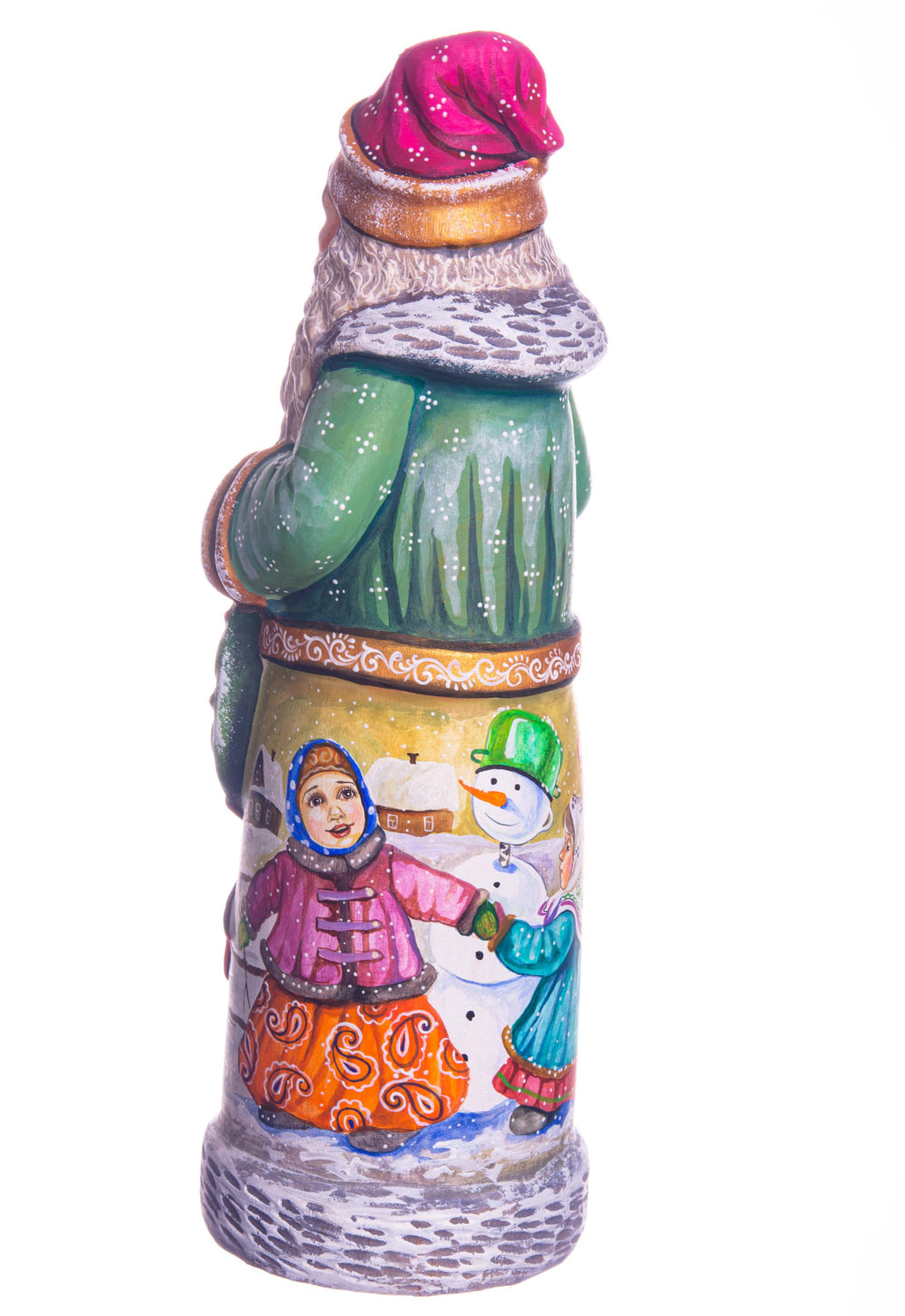 Hand carved green Santa wooden figurine 11 inch, children snowman scene