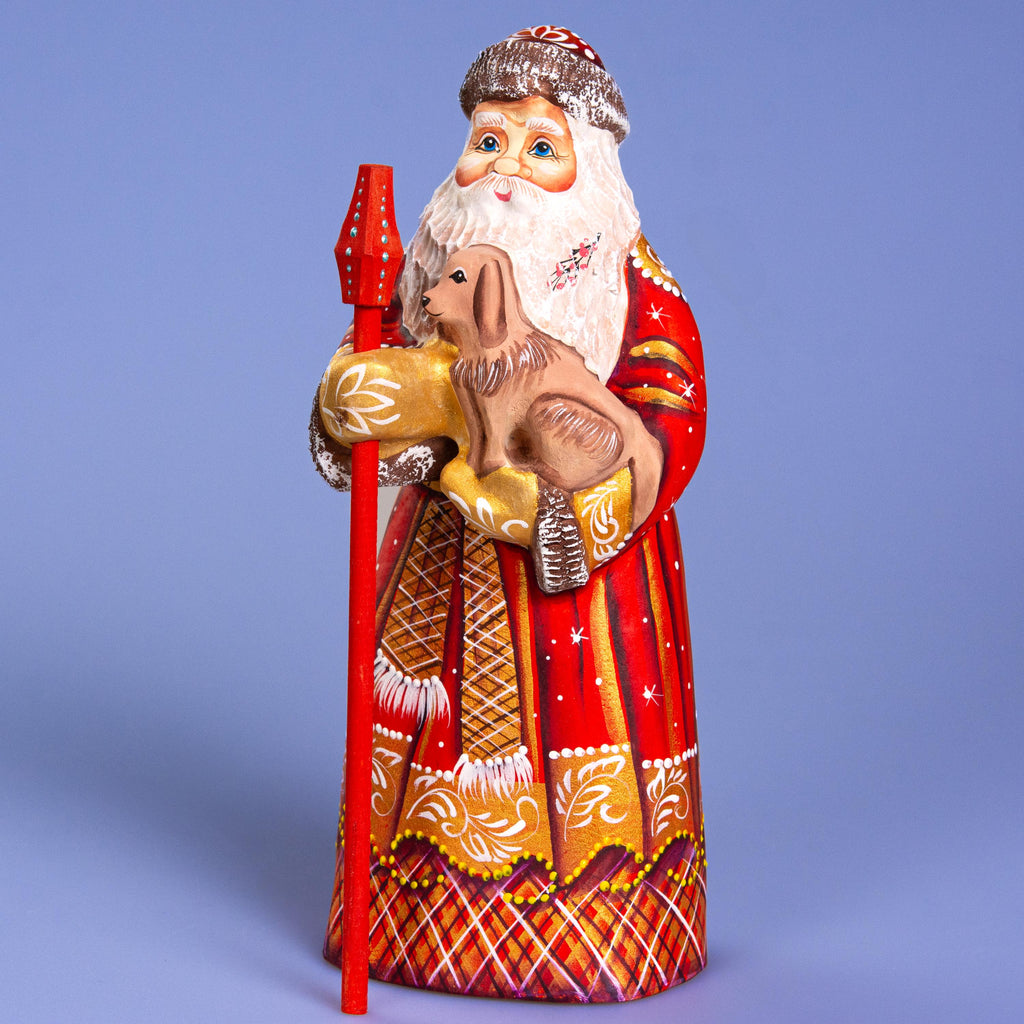Hand Carved Wooden Santa Claus Figurine with Dog: Hand-Painted Christmas Decor