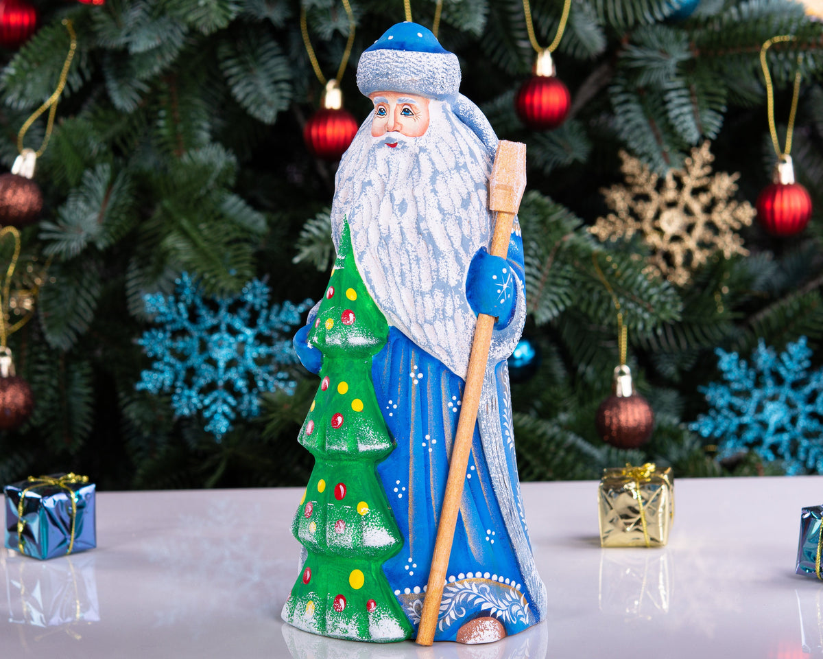 Carved wooden Santa figurine 9 inch, decorated tree, traditional Christmas gift mantel centerpiece