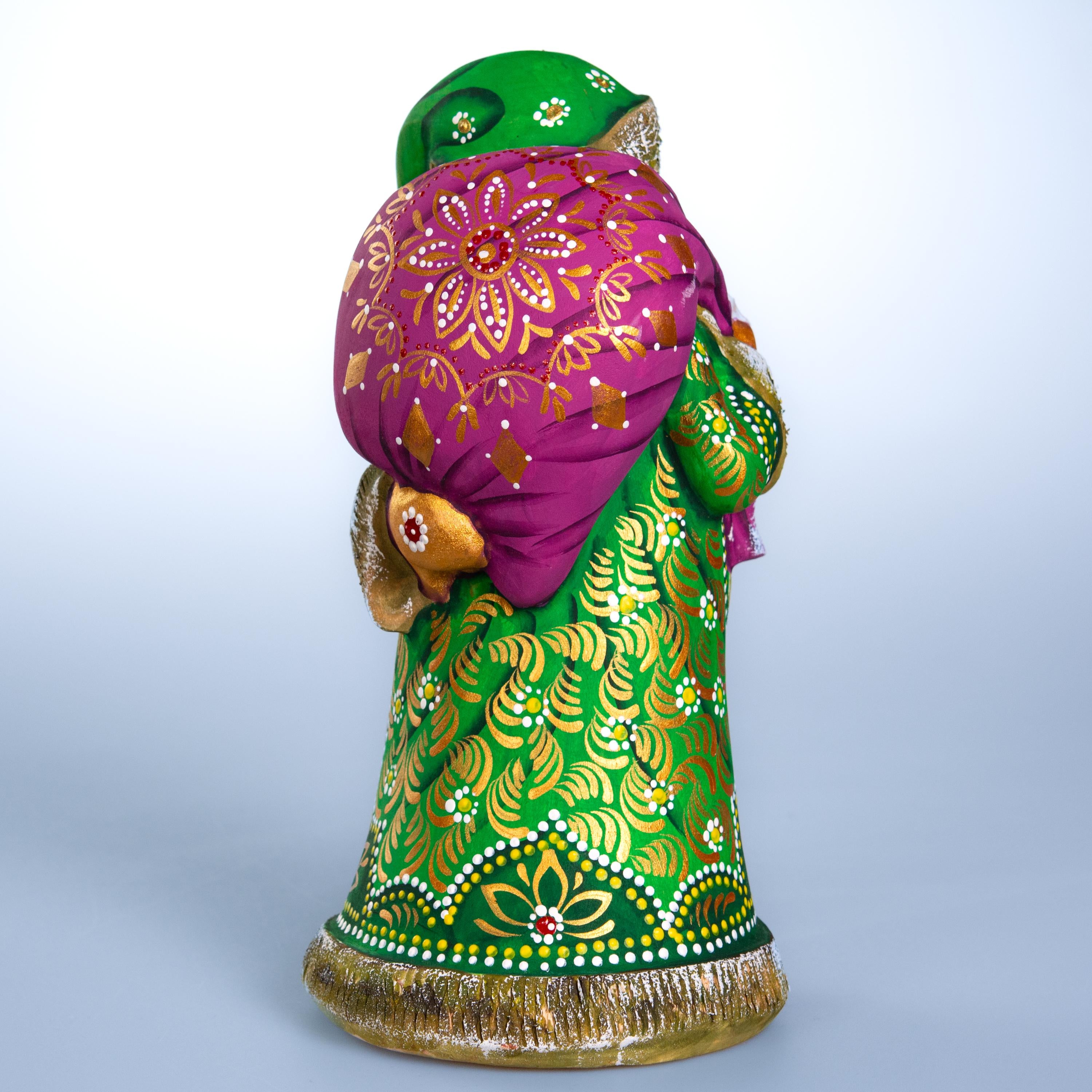 Hand carved green Santa wooden figurine 9.1 inch, folk art collectible