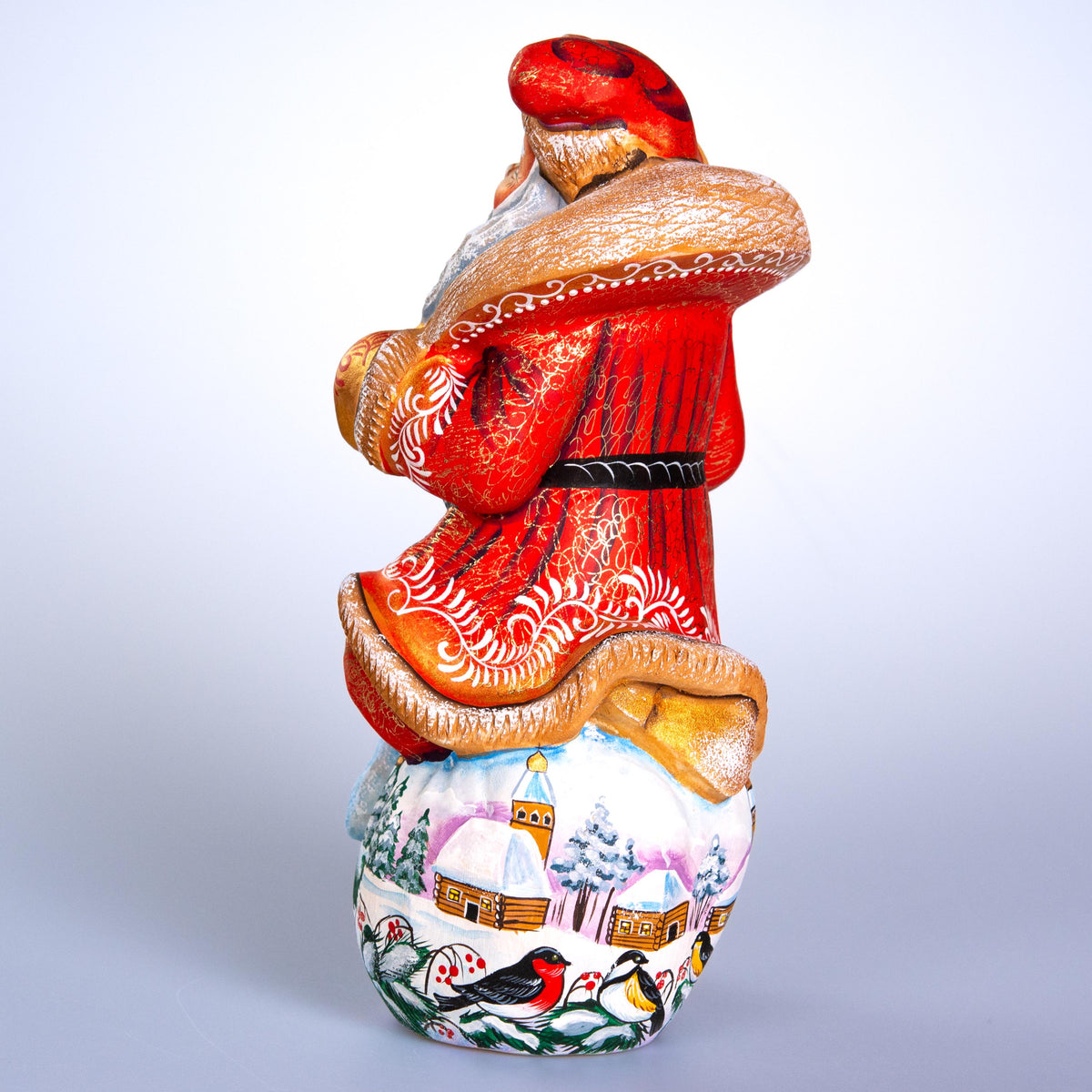 Hand carved Santa wooden figurine 9.7 inch, winter birds village scene