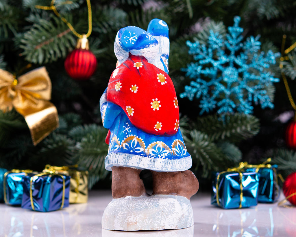 Hand carved blue Santa wooden figurine 6.3 inch, gift sack shelf decor