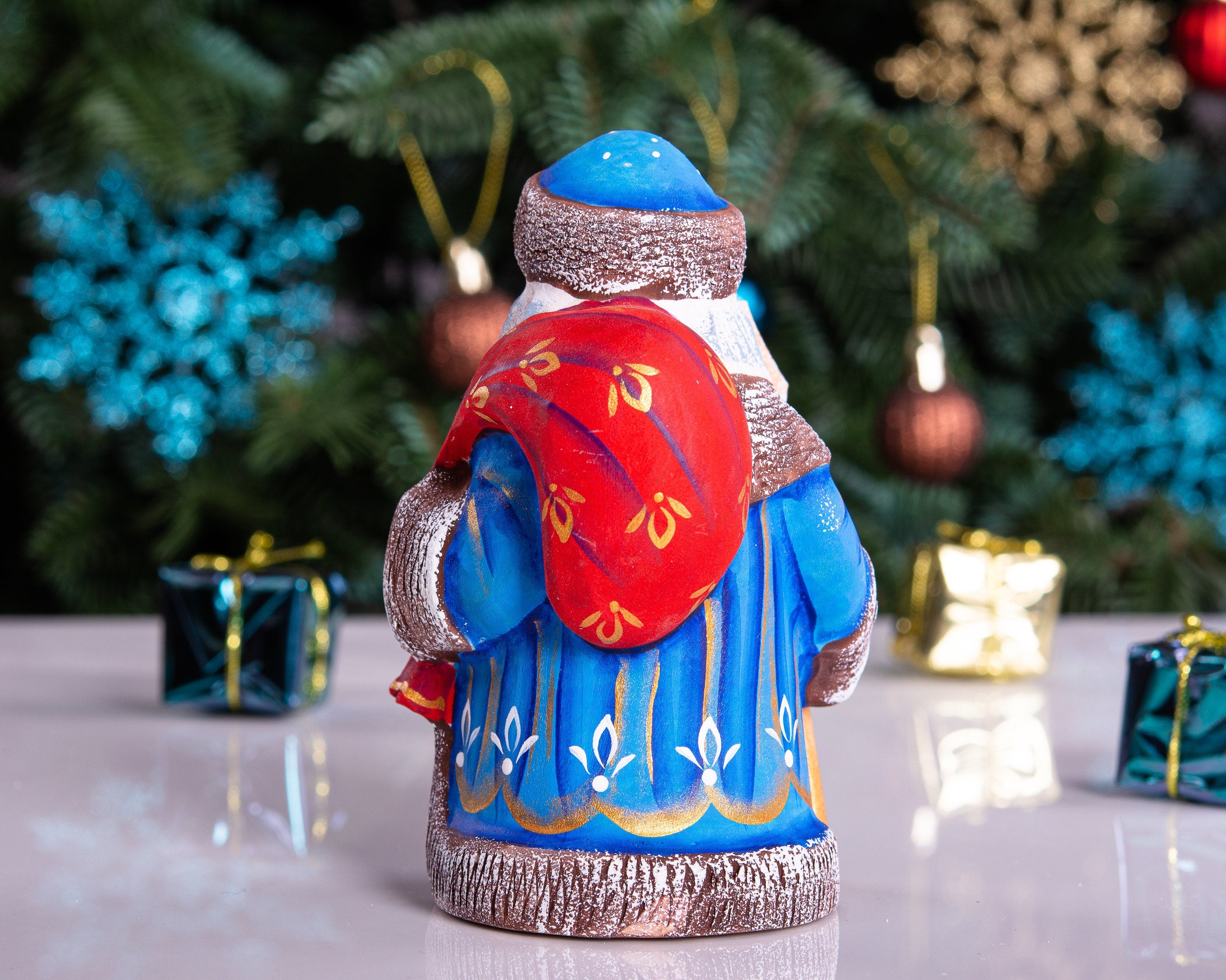 Old‑World Father Frost 5.1", Hand‑Carved Wood, Rabbits Under Pine