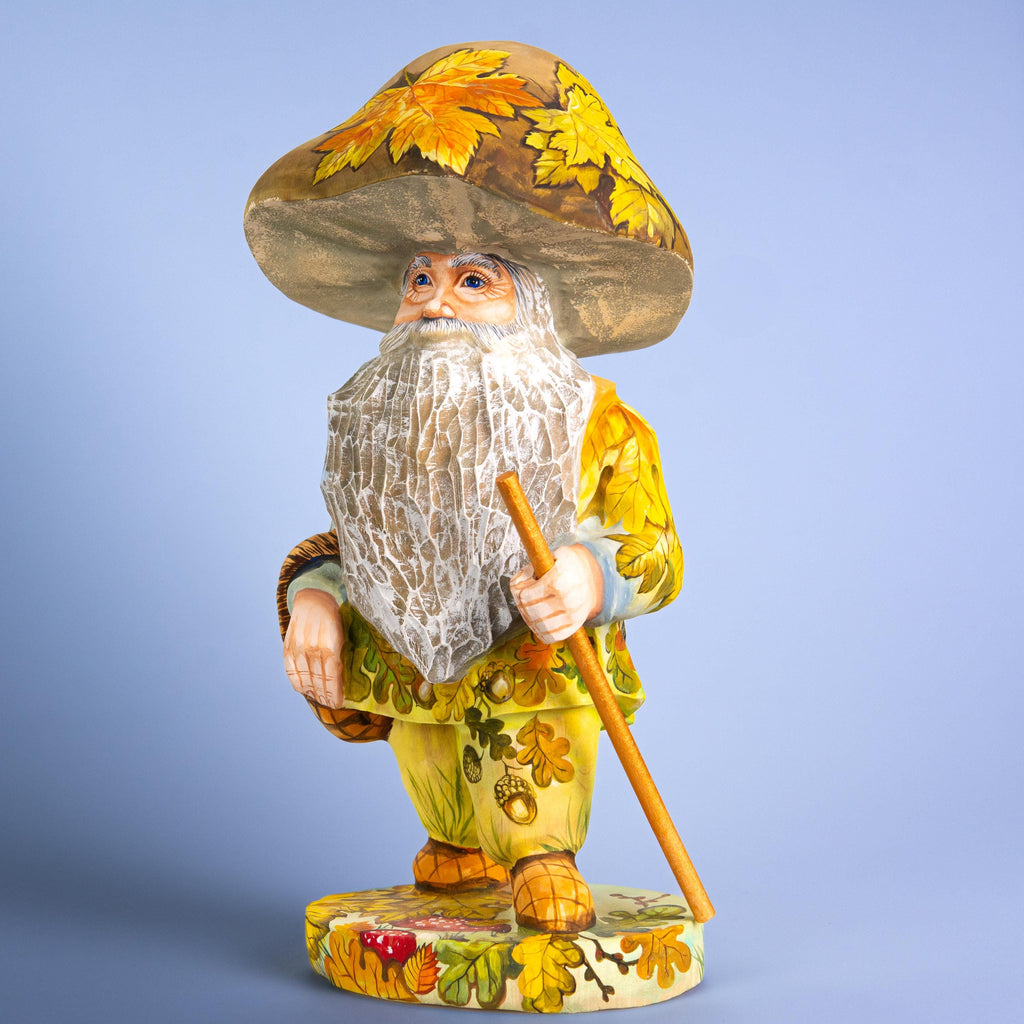 Mushroom gnome wood carving 11 inch, oak leaves, tabletop decor
