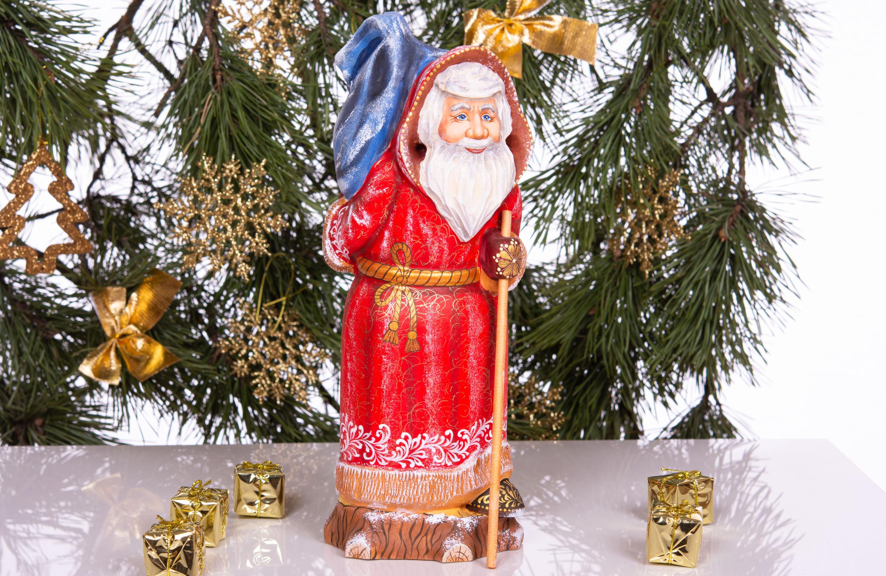 Retro Santa Claus wooden figurine 12 inch, fawn on toy sack, collectible Christmas decor