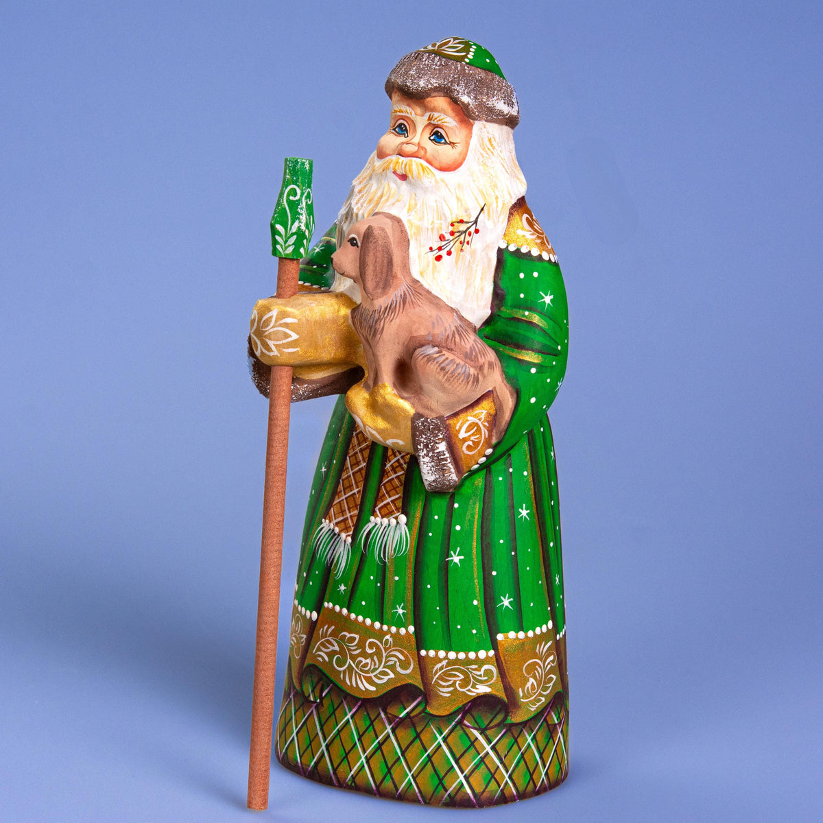 Santa with Dog Figurine 9", Green Coat, Hand Painted Wood