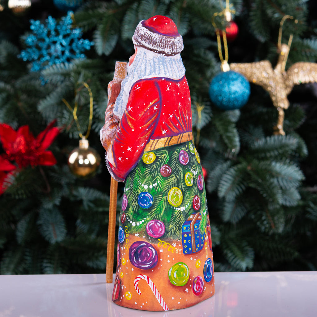 Hand Carved Santa Claus Figurine with Dog: Painted Wood Christmas Decor