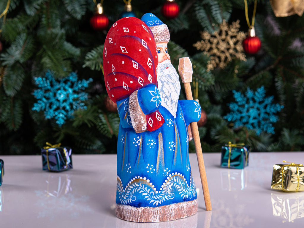 Santa figurine with staff, hand painted carved wood, shelf decor, 8.3 inch