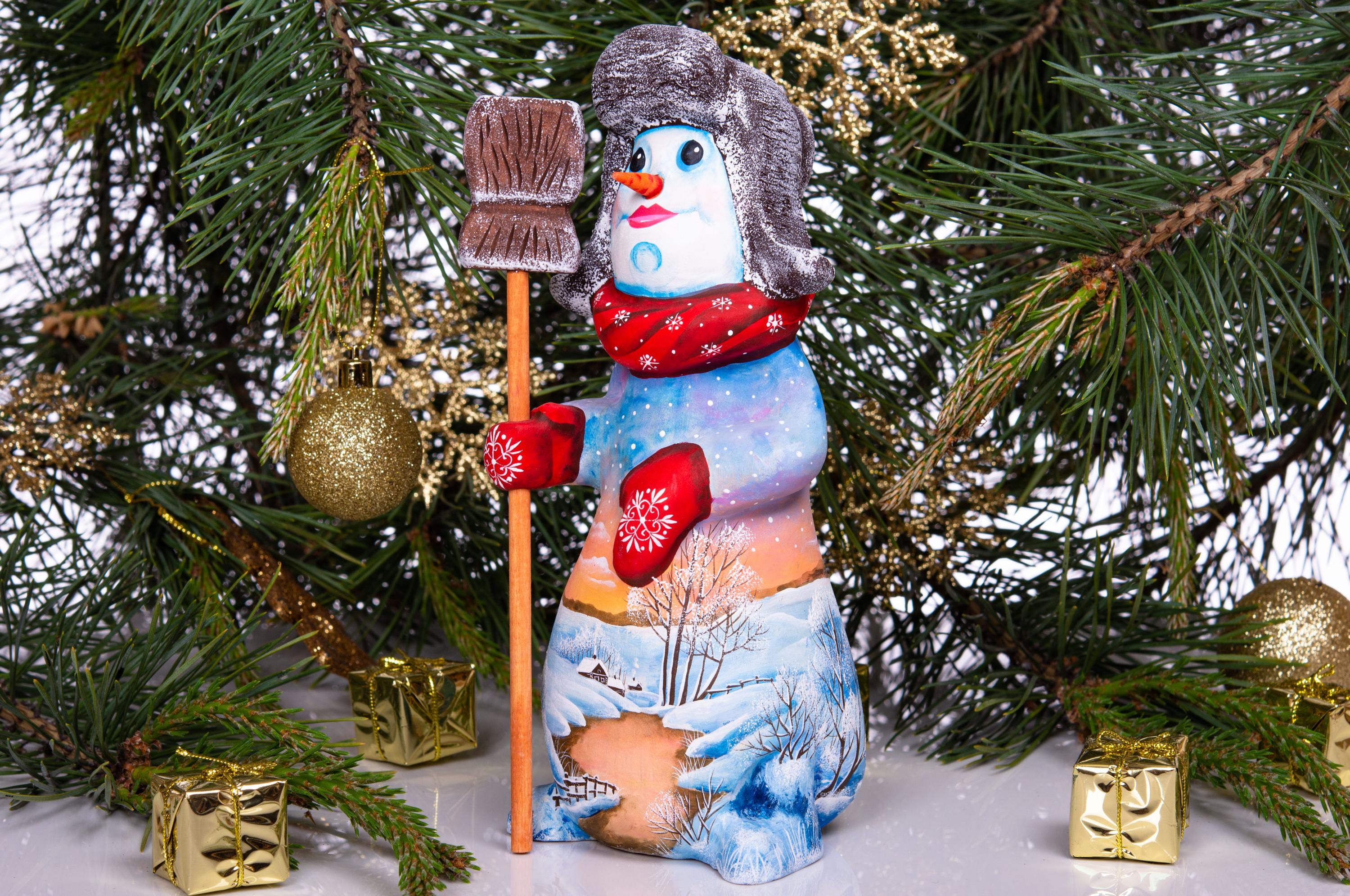 Hand carved snowman wooden figurine 9.1 inch, holding broom, shelf decor