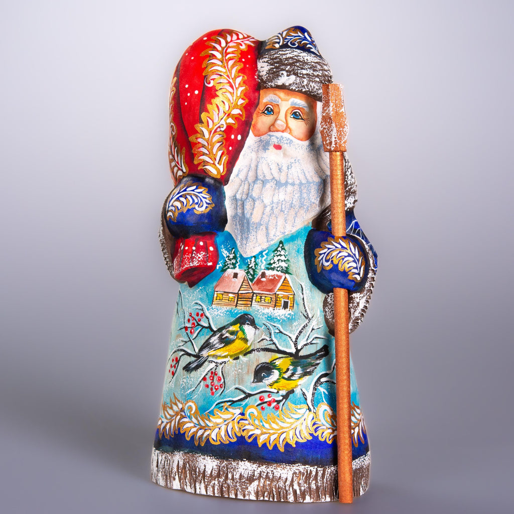Hand carved Old-World Santa wooden figurine 8 inch, winter birds village scene, mantel decor