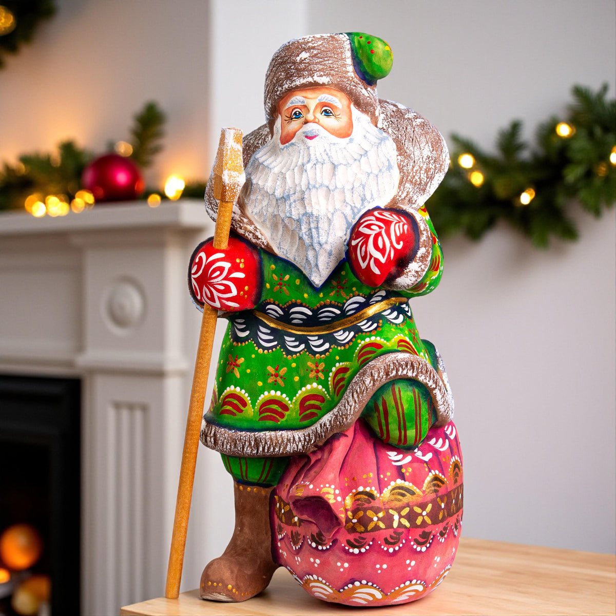 Santa Claus wood carving with staff, gift sack pedestal, 9.4 inch