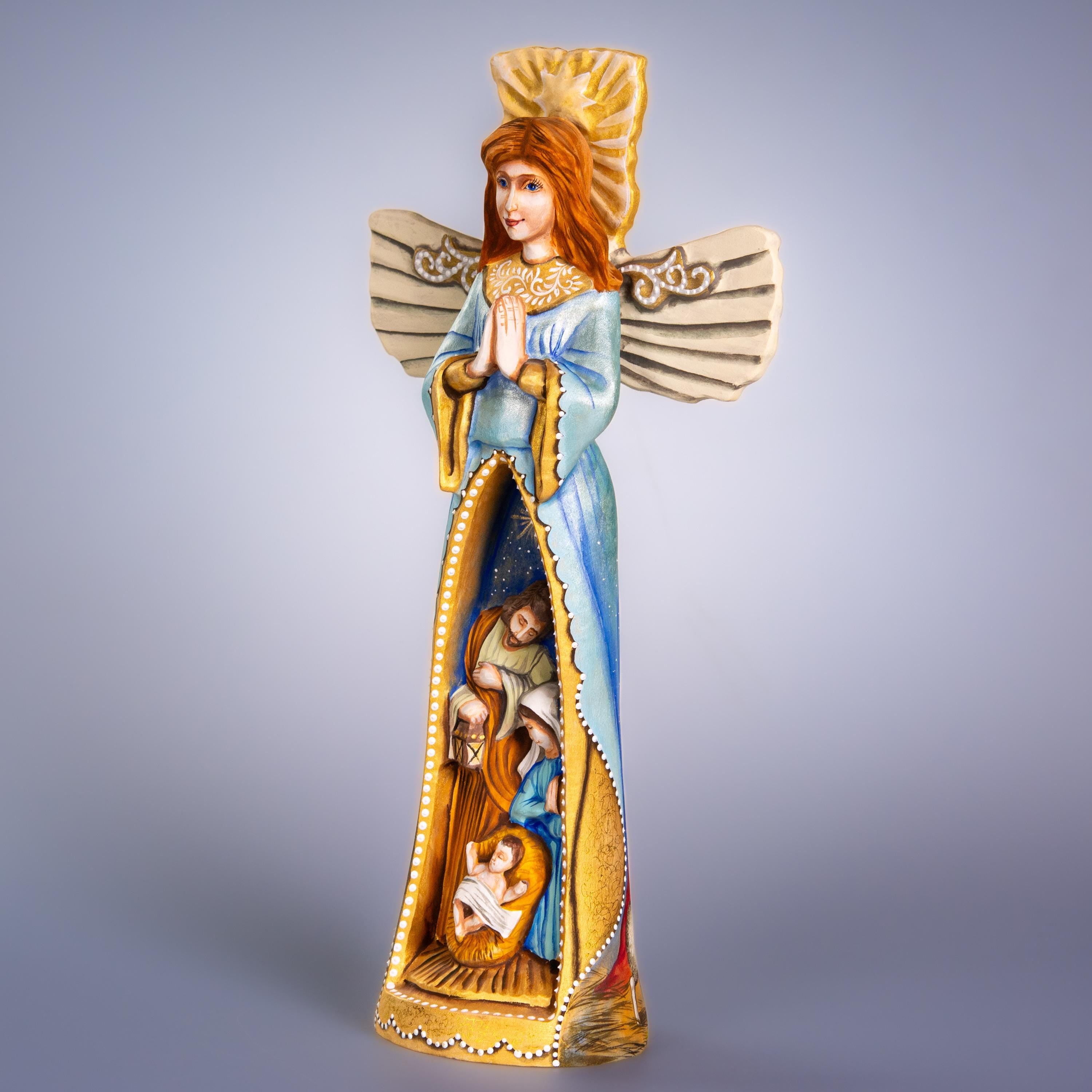 Hand carved wooden angel figurine 13 inch, Bethlehem star shepherds scene, mantel decor
