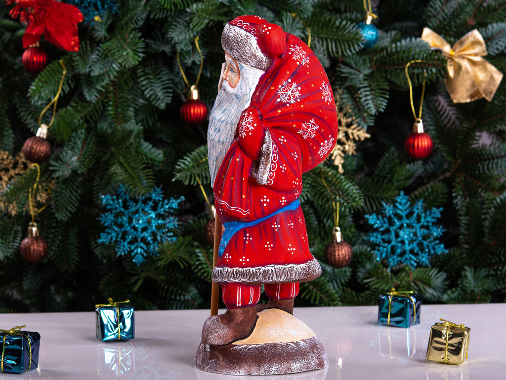 Hand carved Santa wooden figurine 11 inch, toy sack, mantel decor