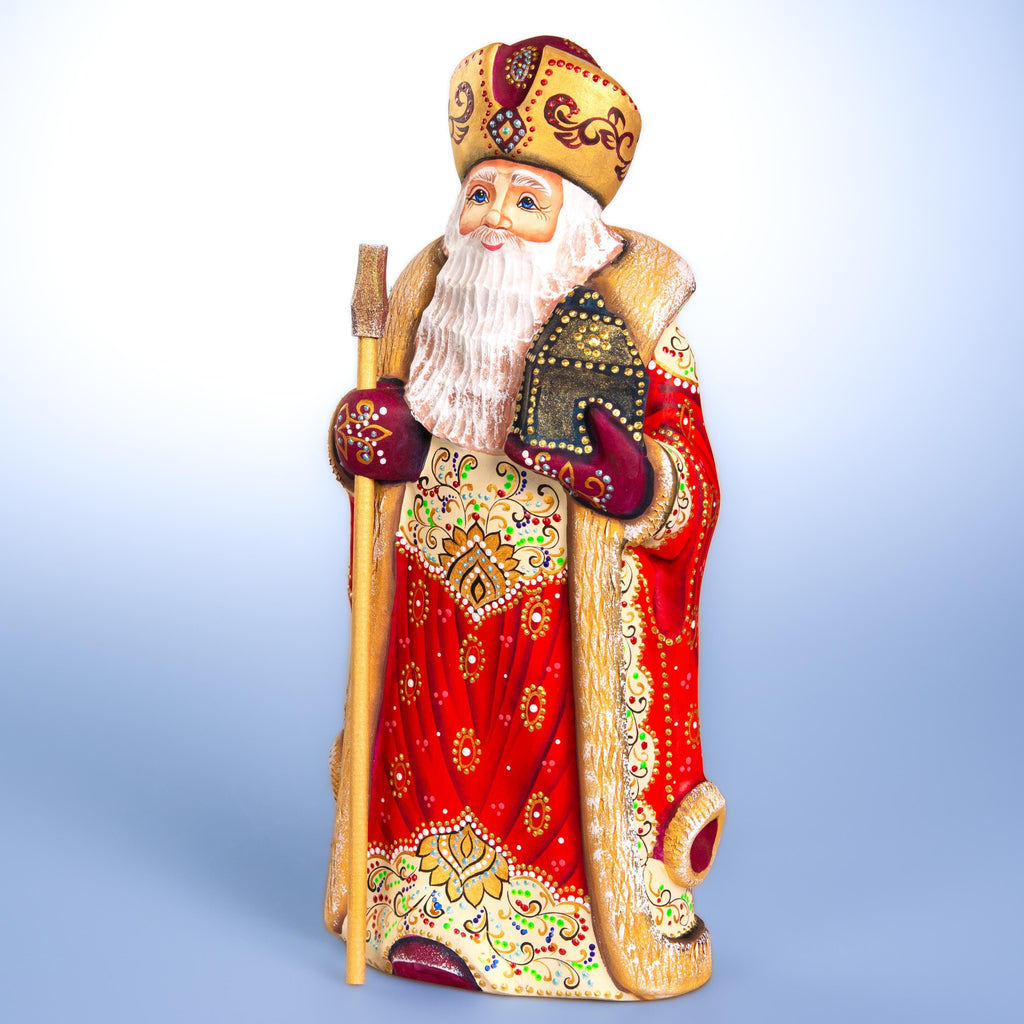 Hand carved Santa wooden figurine 12 inch, ornate folk pattern