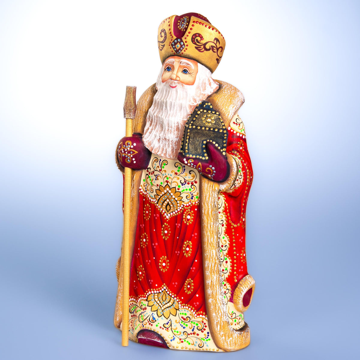 Hand carved Santa wooden figurine 12 inch, ornate folk pattern