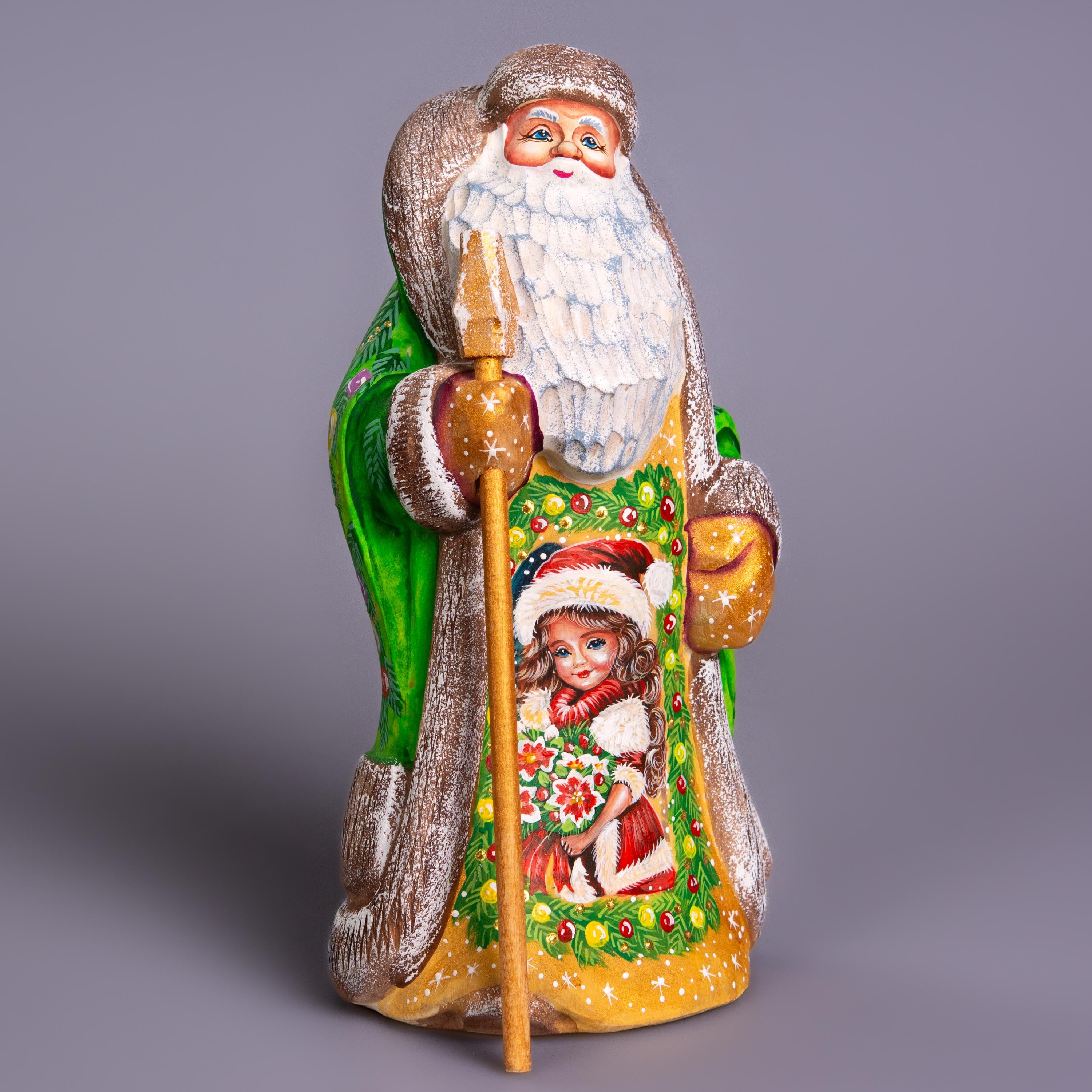 Hand Carved Wooden Santa Figurine: Green Coat, Christmas Holiday Door Scene