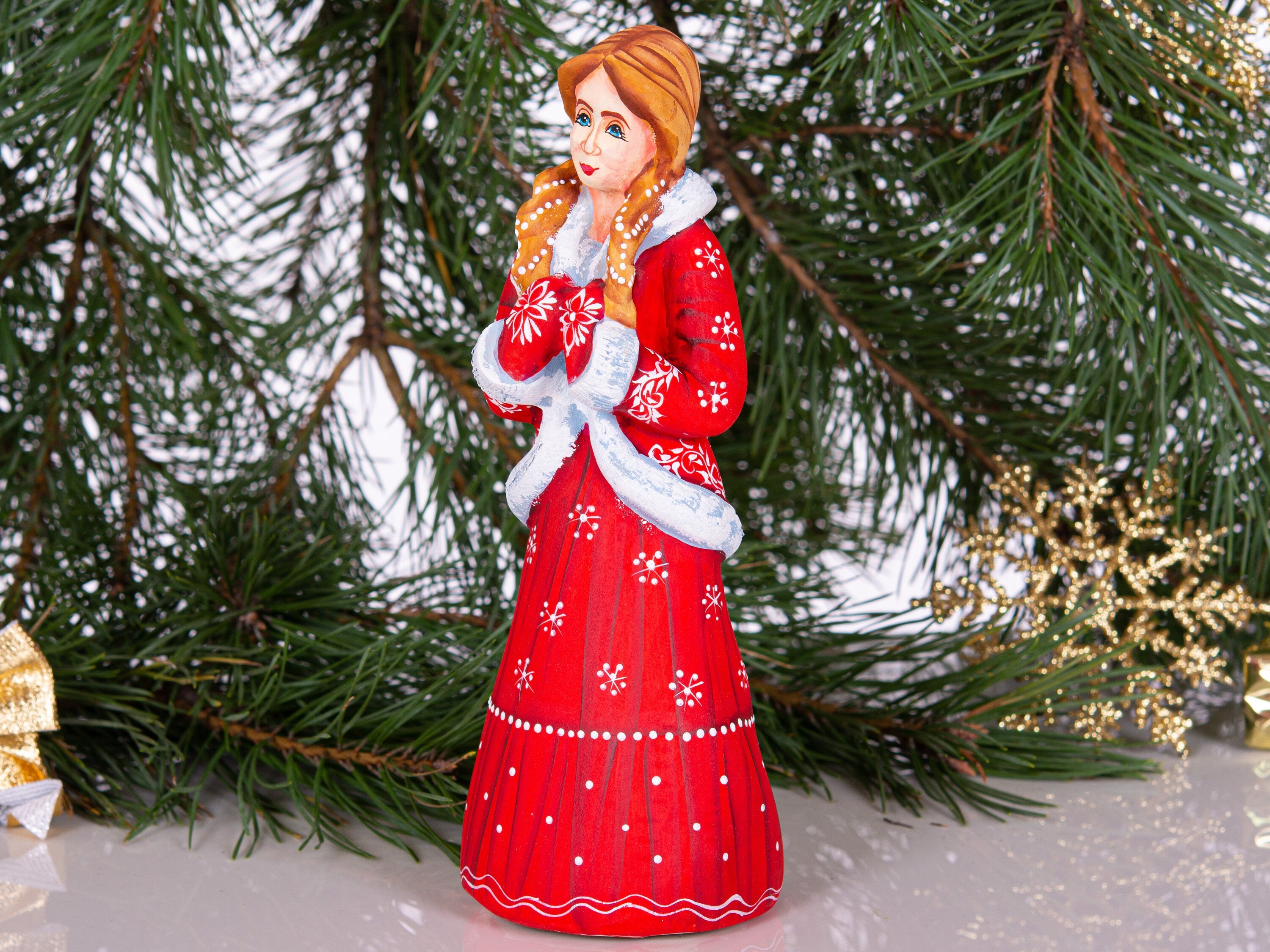 Hand carved Snow Maiden statue 8 inch, Slavic winter girl holiday display
