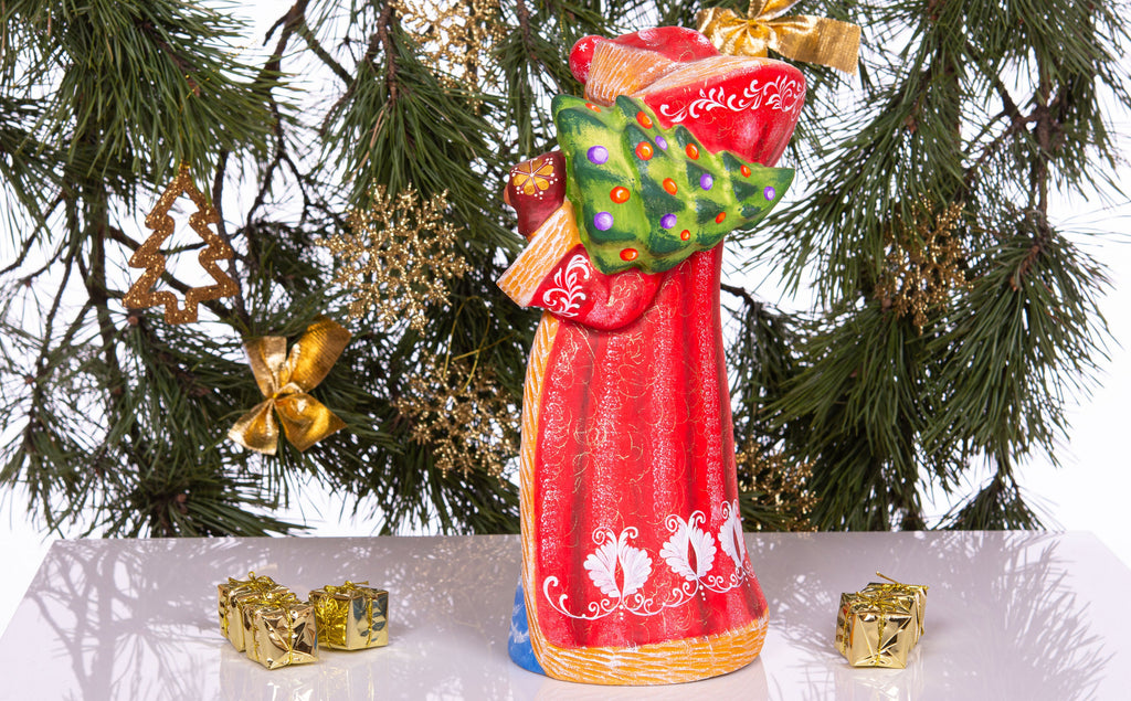 Hand carved wooden Santa figurine 13 inch, woodland animals painting, rustic mantel centerpiece