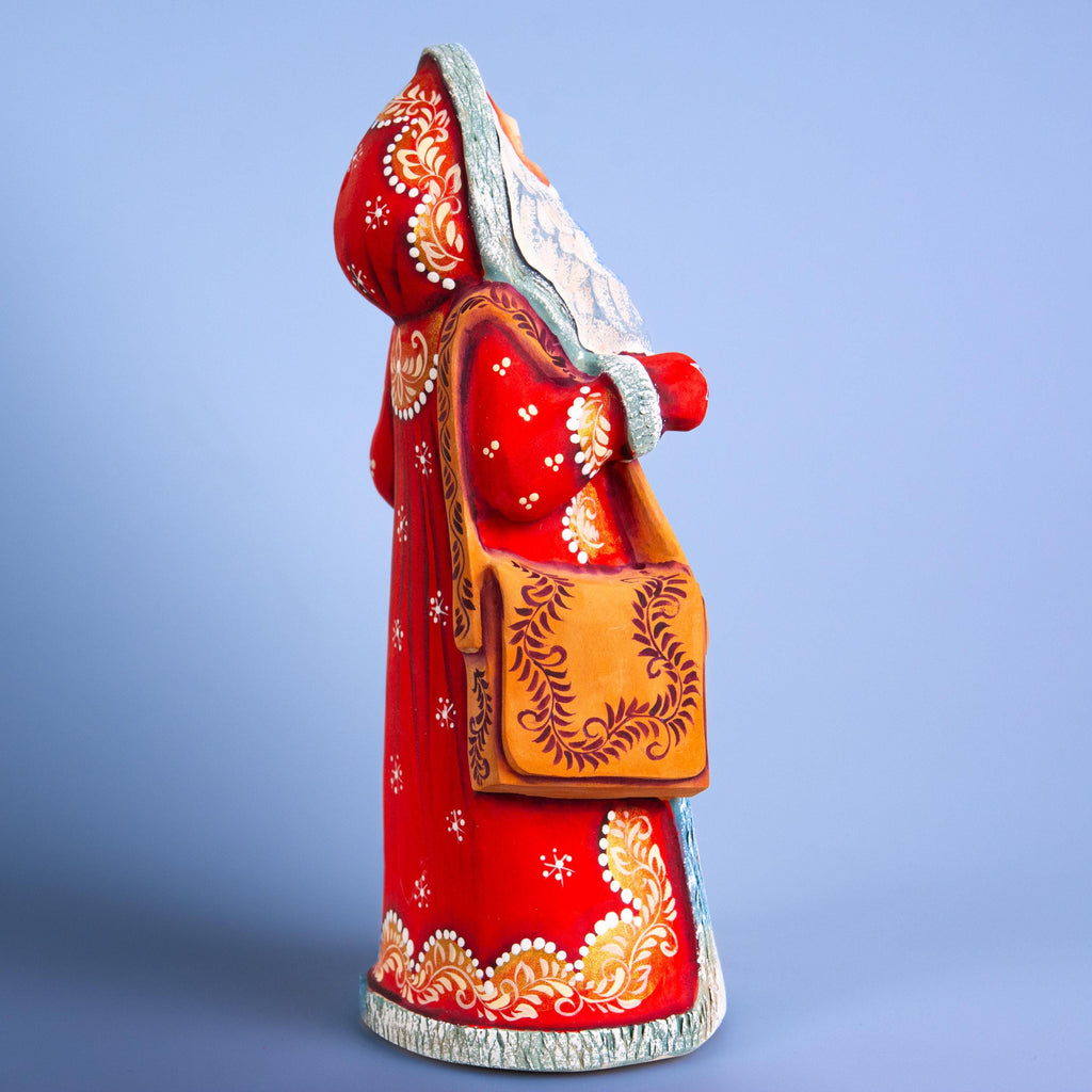 Hand carved Santa wooden figurine 9 inch with staff, winter village scene mantel decor