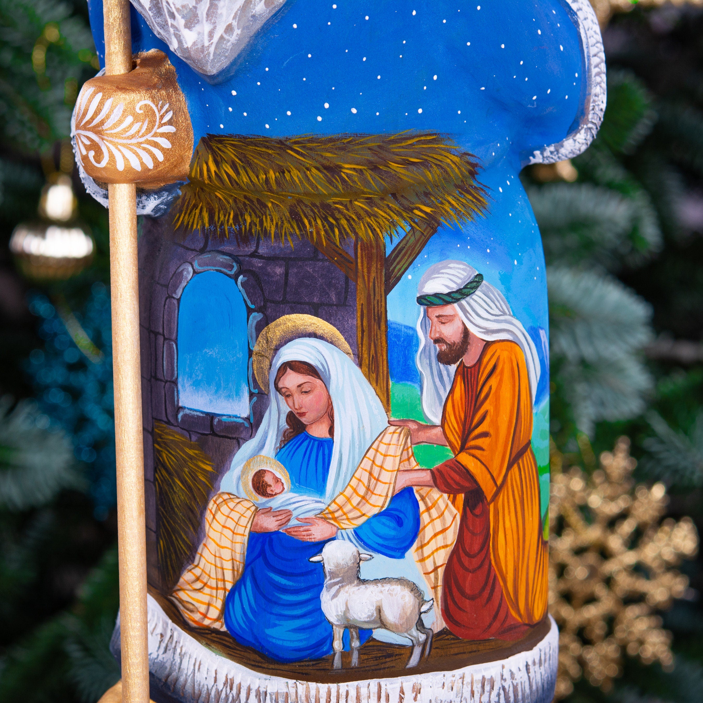 Santa Figurine 12", Holy Night Nativity, Hand Carved Wood