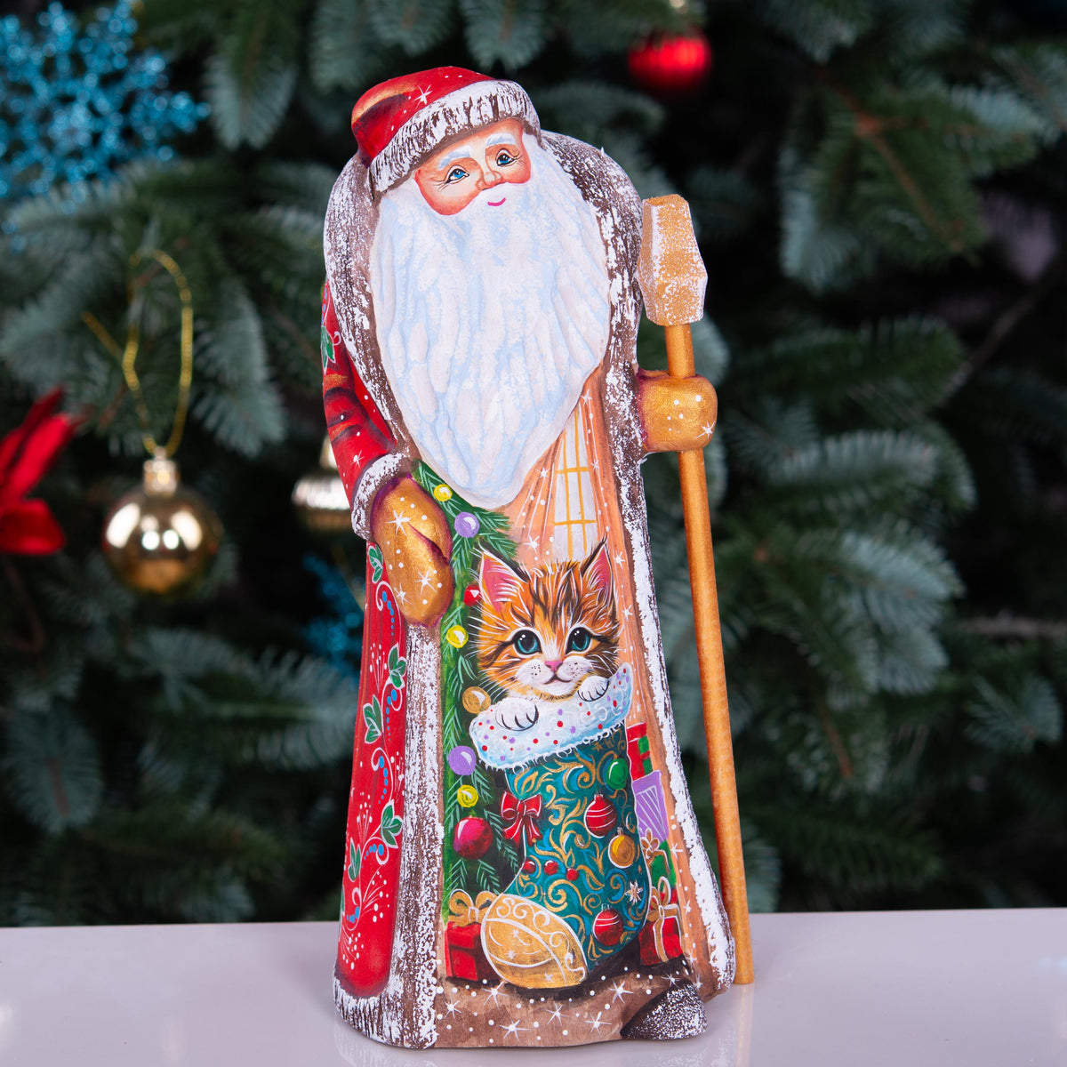 Hand carved Santa wooden figurine 9 inch, kitten in stocking scene