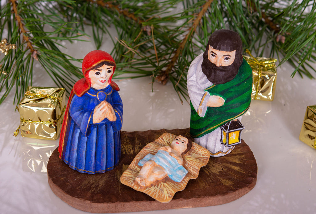 Hand Carved Wooden Nativity Set 4", Holy Family on Board