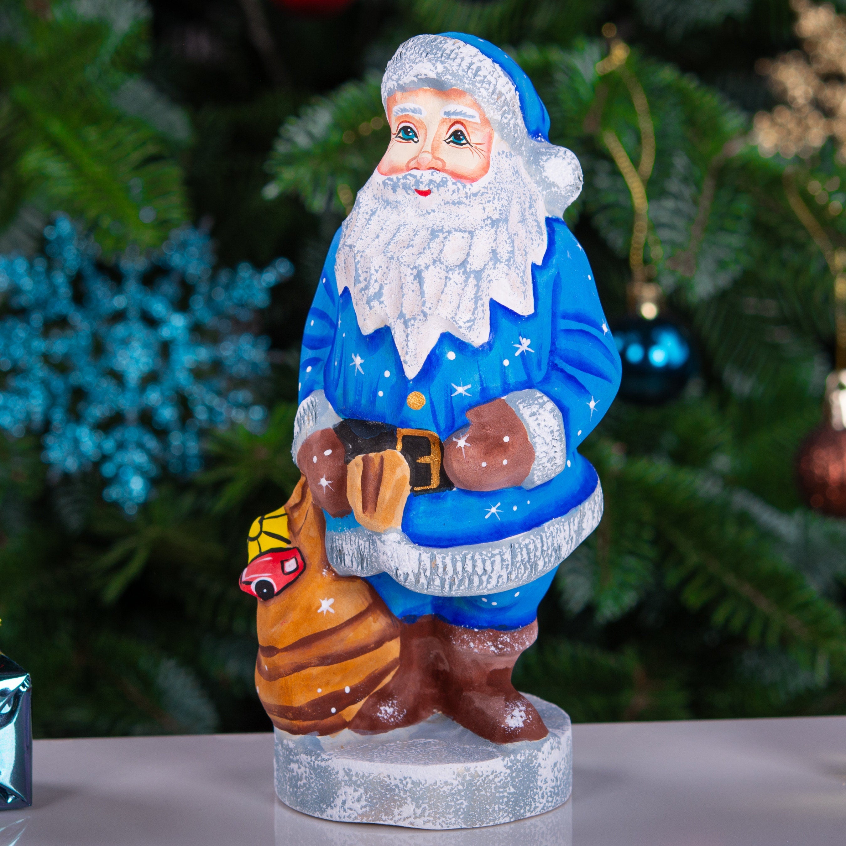 Hand‑carved Father Frost 6.3" — toy sack with car & ball