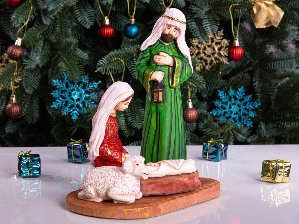 Hand Carved Wooden Nativity Set: Painted Christmas Crèche with Mary, Joseph, Jesus & Sheep