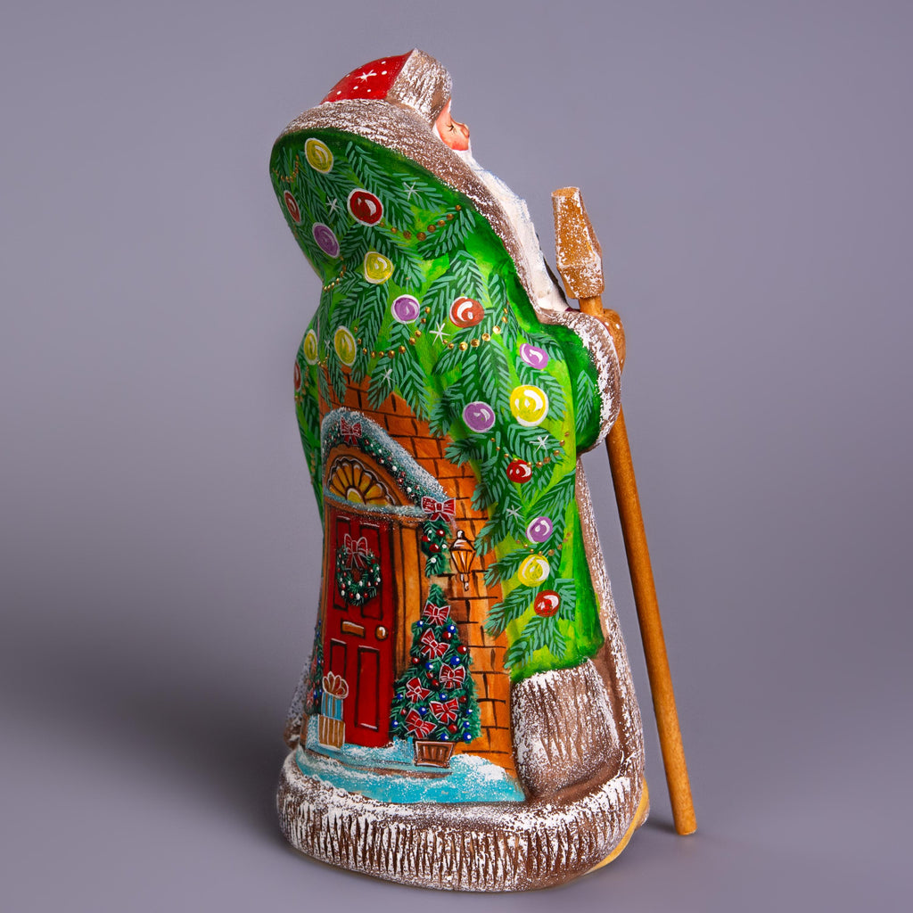 Hand Carved Wooden Santa Figurine: Green Coat, Christmas Holiday Door Scene
