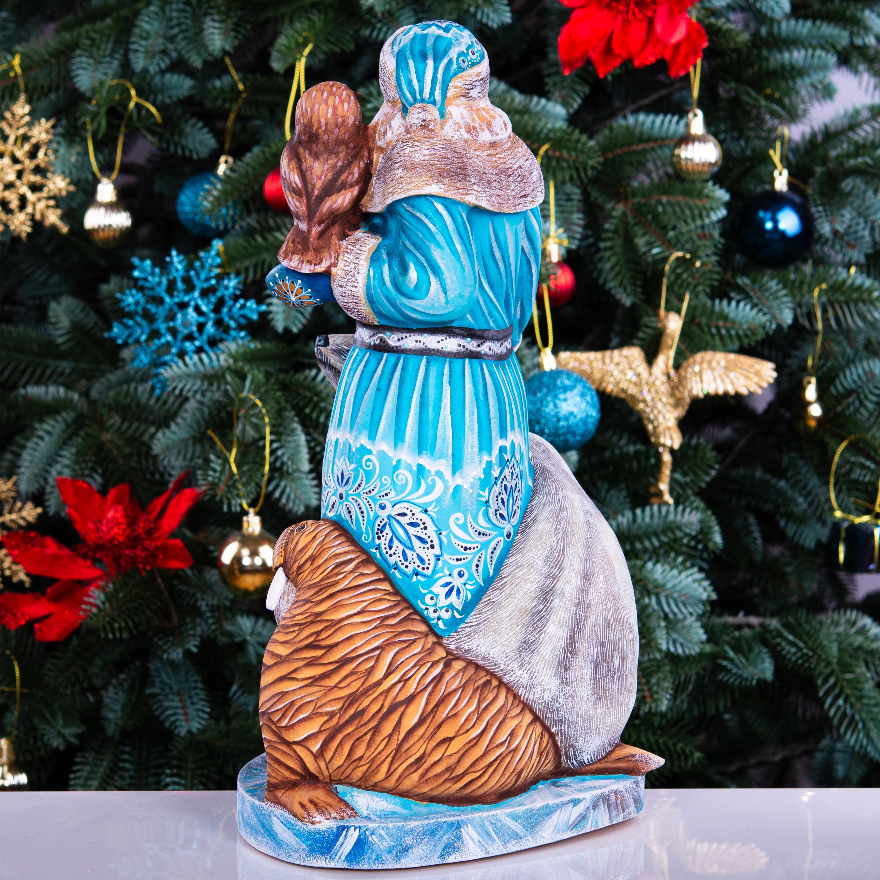 Hand carved Old-World Santa wooden figurine 14 inch, Arctic wildlife scene, mantel decor