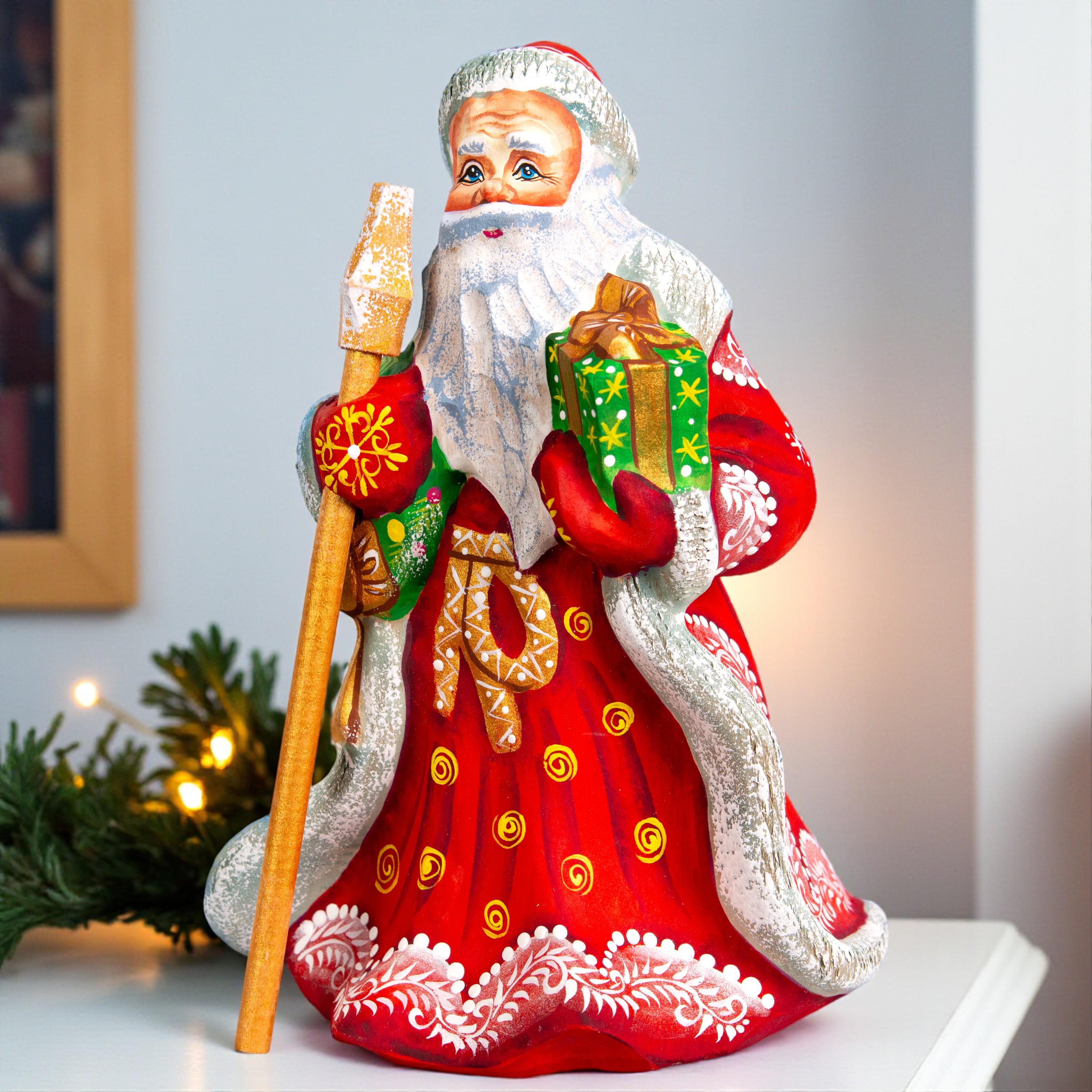 Father Christmas wooden figurine 7 inch, gift in hand, tabletop centerpiece, folk art