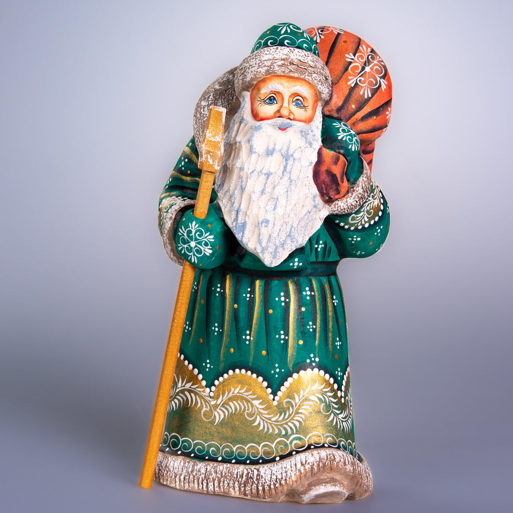 Hand carved Old-World Santa wooden figurine 9 inch, staff and gift sack, mantel decor